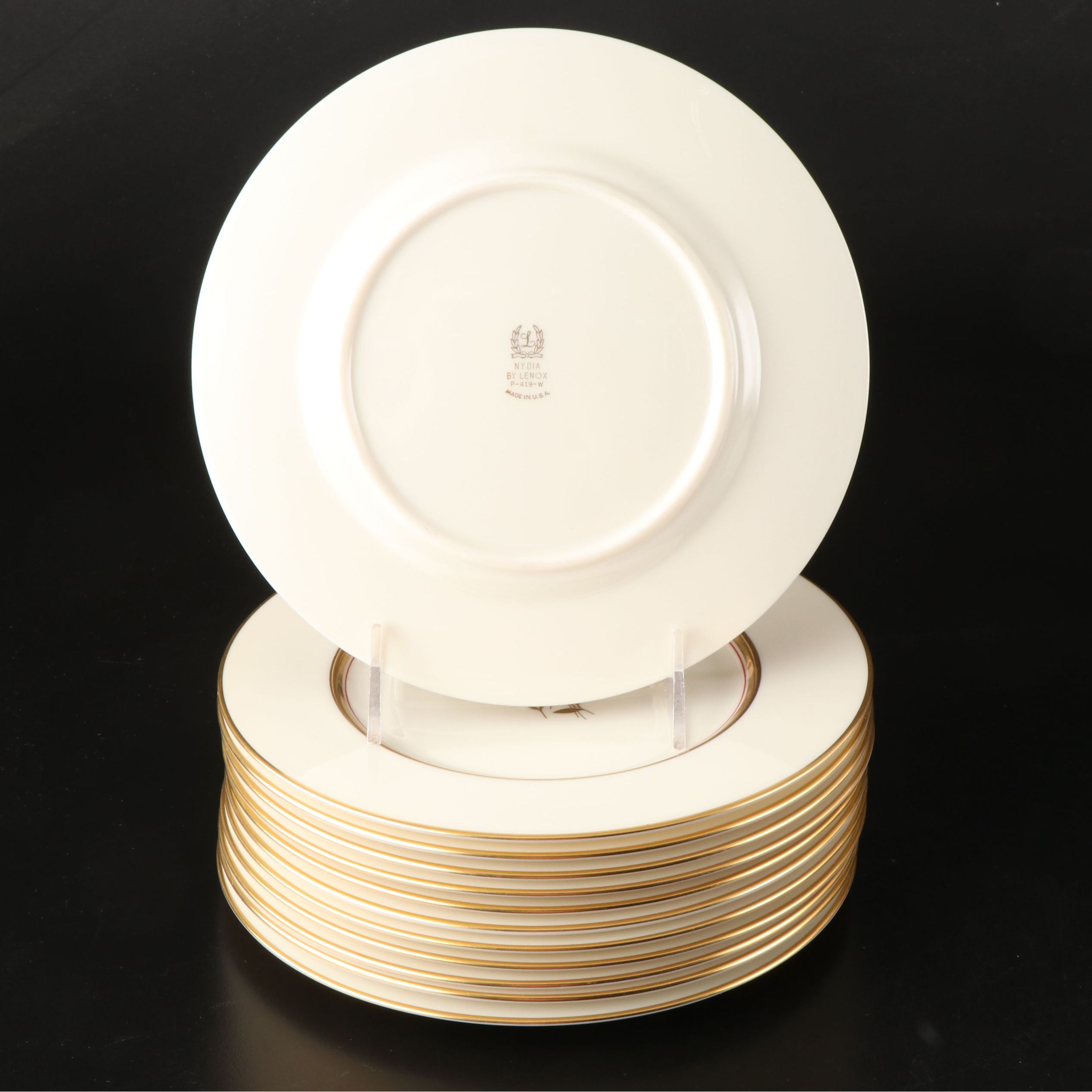 Lenox "Nydia" Gold Rimmed Floral Porcelain Dinnerware, Mid-20th Century