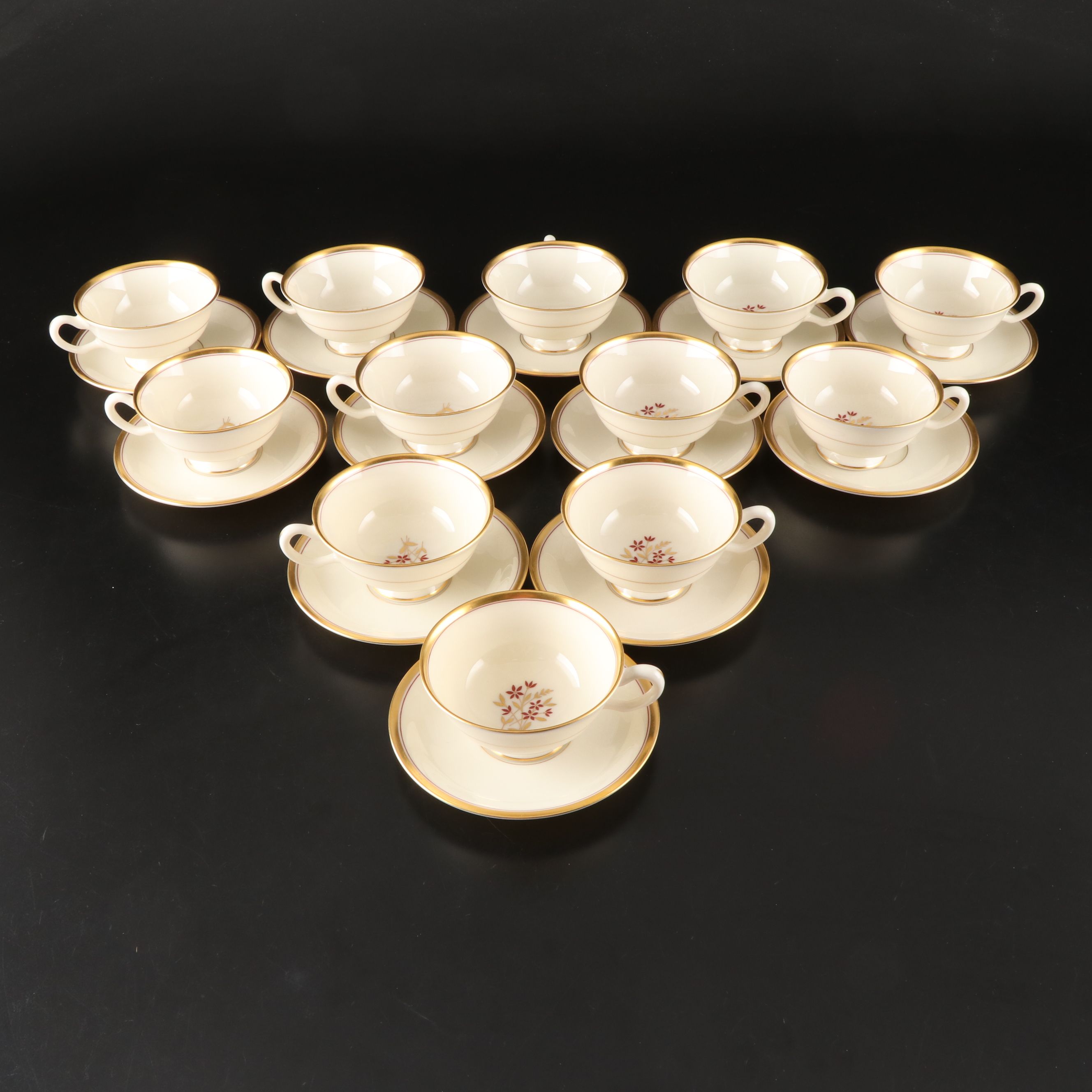 Lenox "Nydia" Gold Rimmed Floral Porcelain Dinnerware, Mid-20th Century