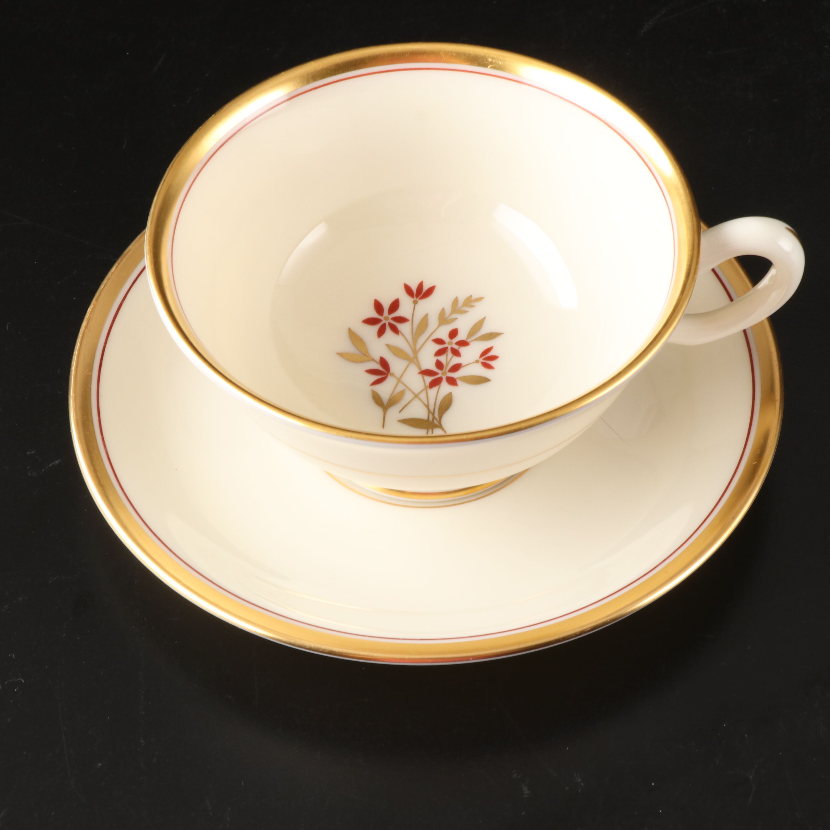 Lenox "Nydia" Gold Rimmed Floral Porcelain Dinnerware, Mid-20th Century