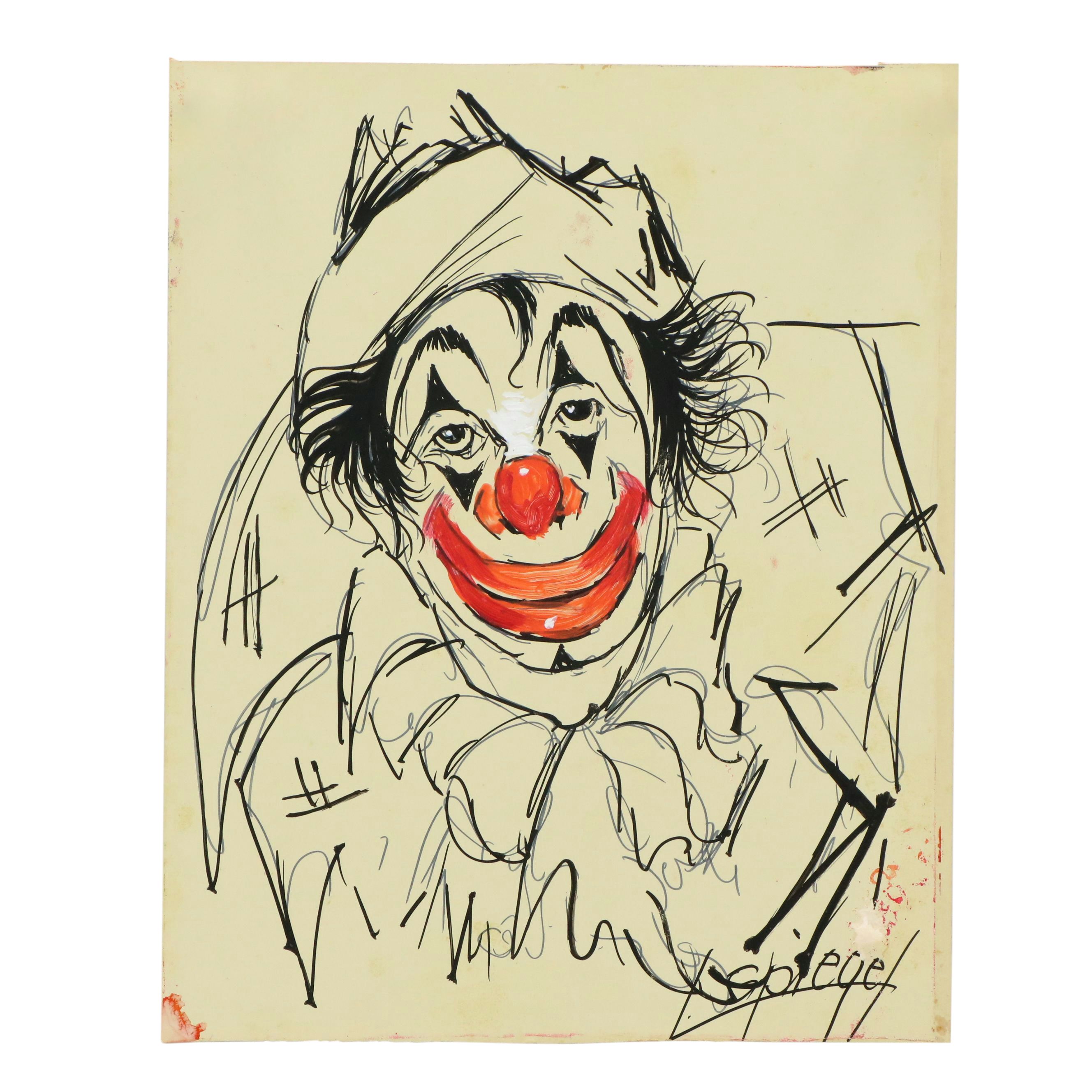 Louis Spiegel Ink and Gouache Sketch of Clown Portrait; Newspaper Clipping