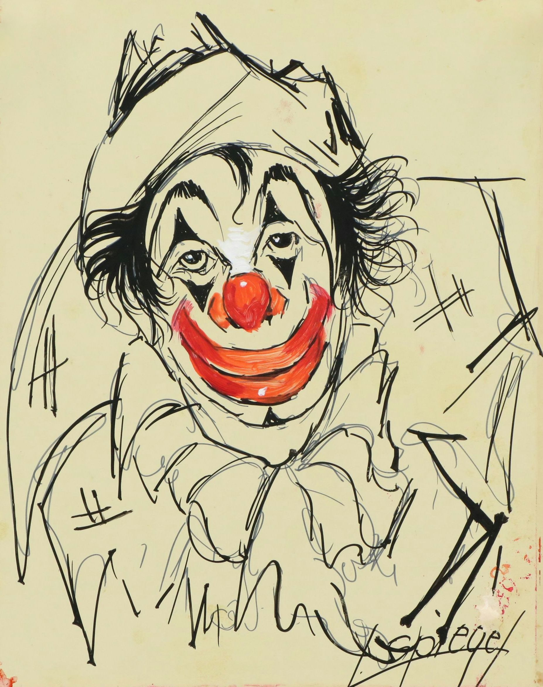 Louis Spiegel Ink and Gouache Sketch of Clown Portrait; Newspaper Clipping