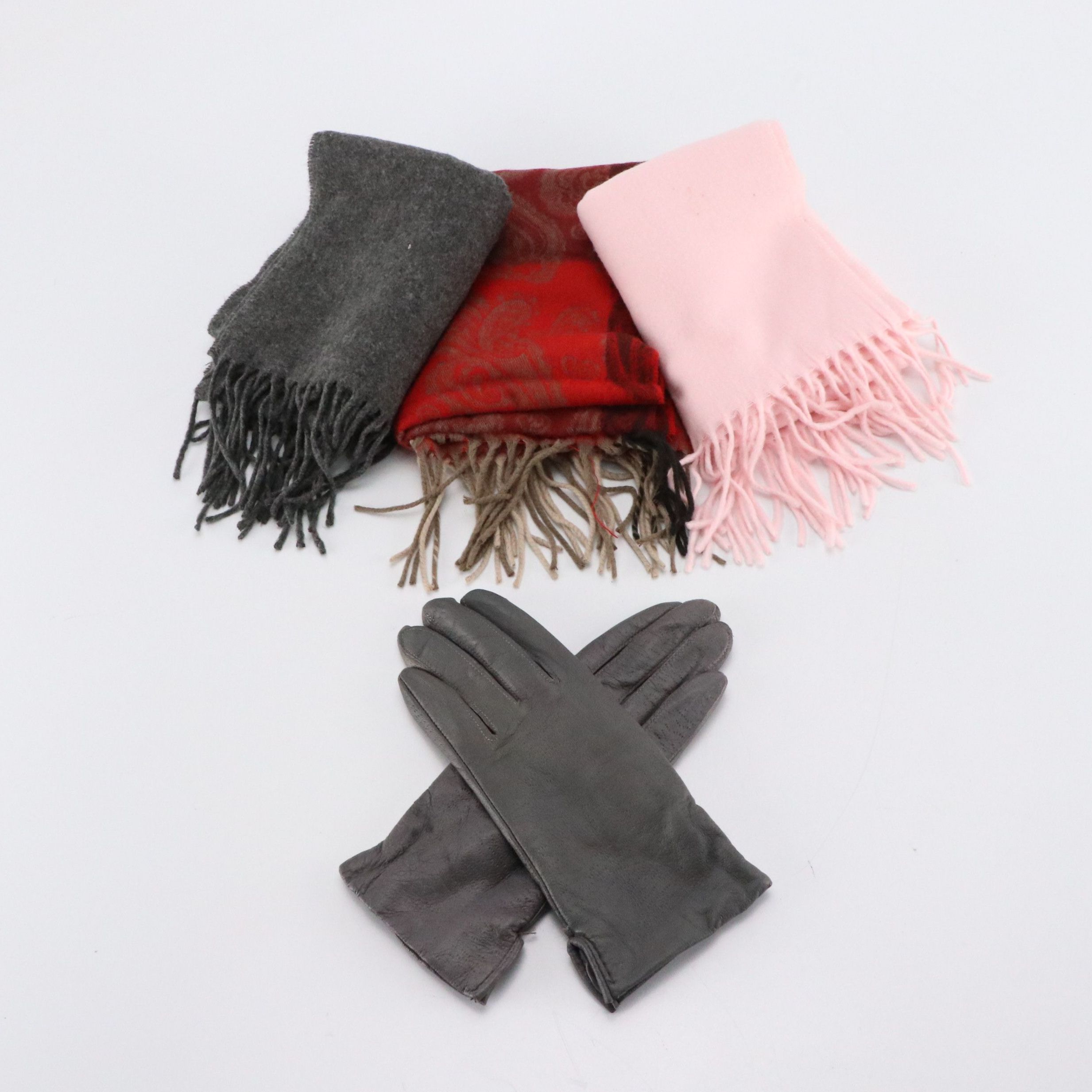 Van Raalte Grey Leather Gloves with Cashmink and Other Acrylic Fringe Scarves