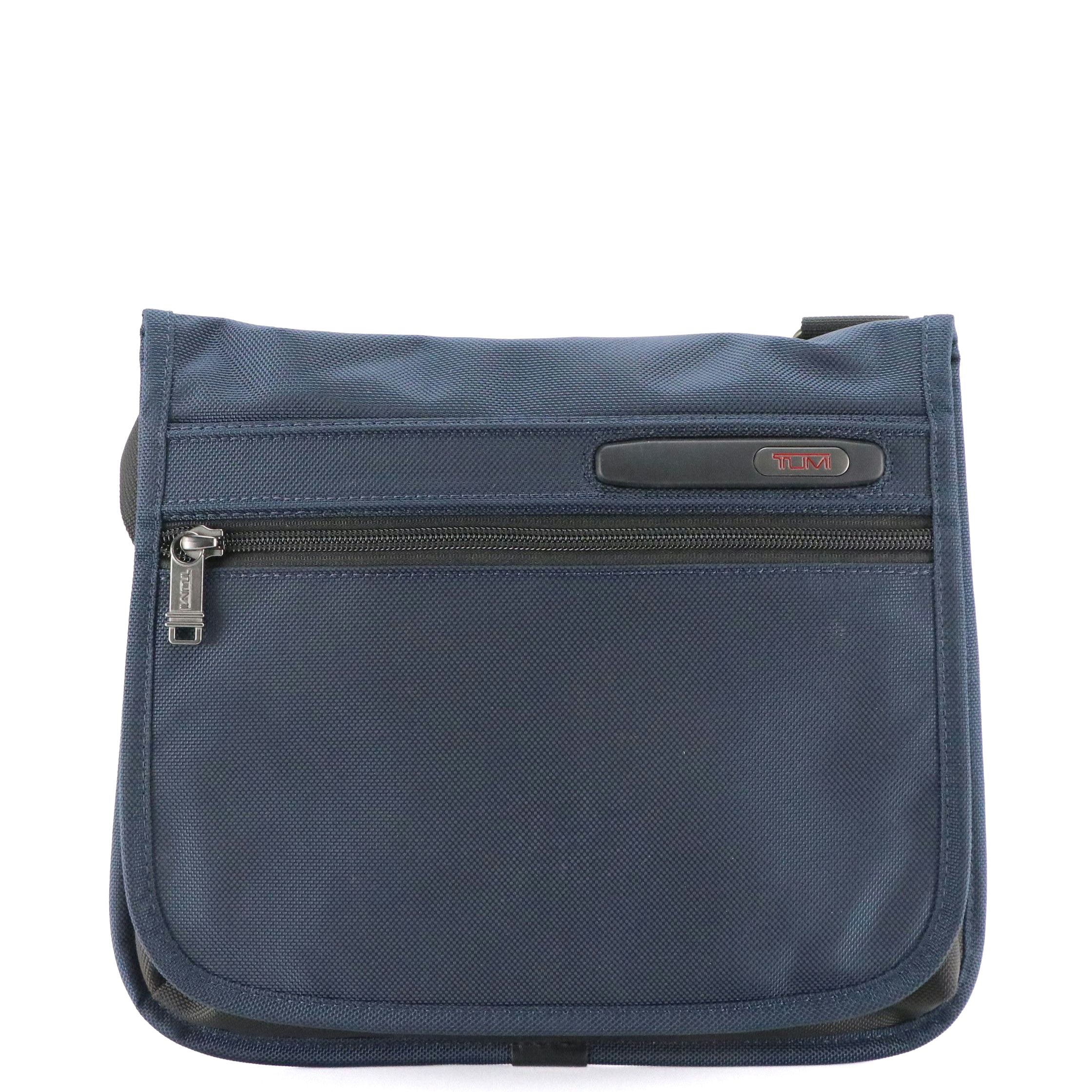 Tumi Small Flap Messenger Bag in Navy Blue Nylon and Leather Trim, With Tag
