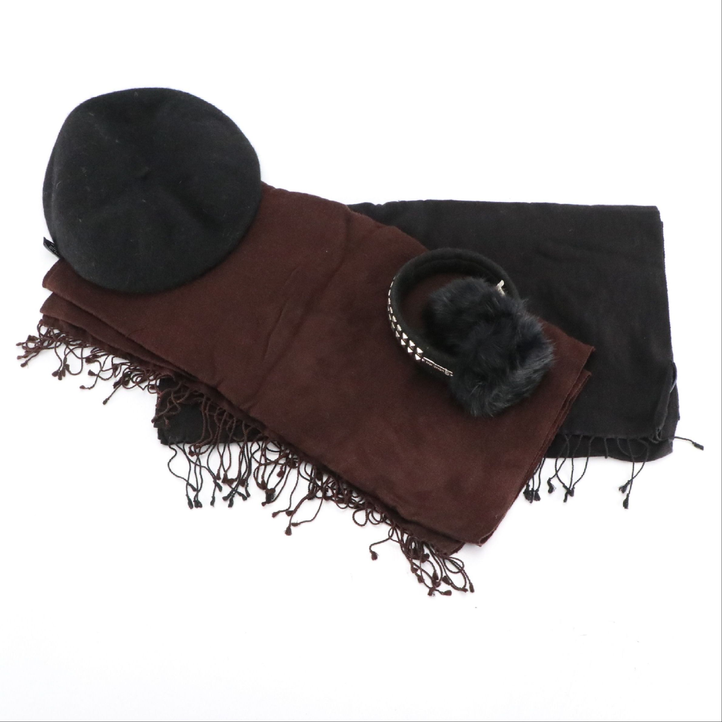 MICHAEL Michael Kors Rabbit Fur Earmuffs with Other Wool Beret and Scarves