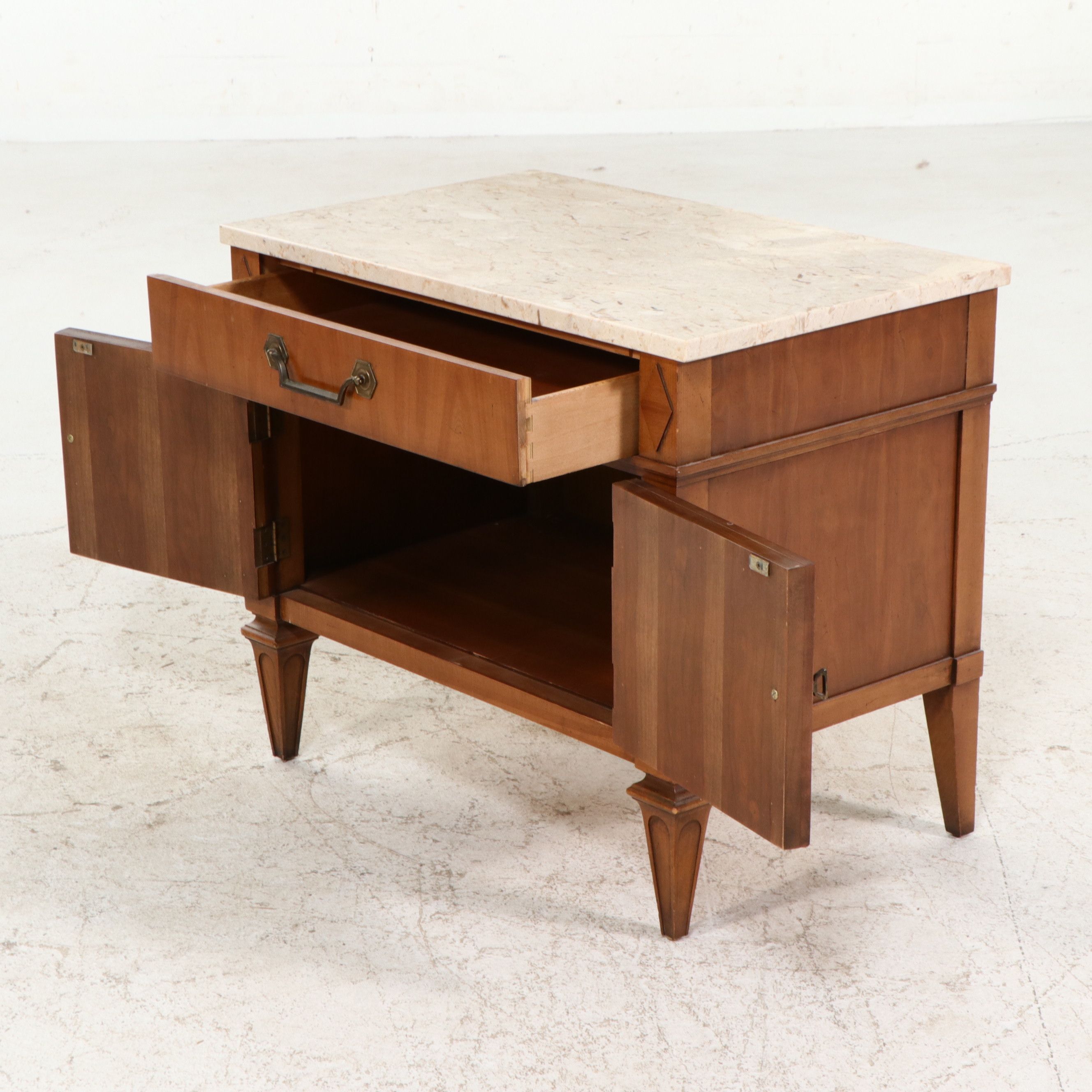 Pair of Neoclassical Style Marble-Top Fruitwood Nightstands, Mid to Late 20th C.