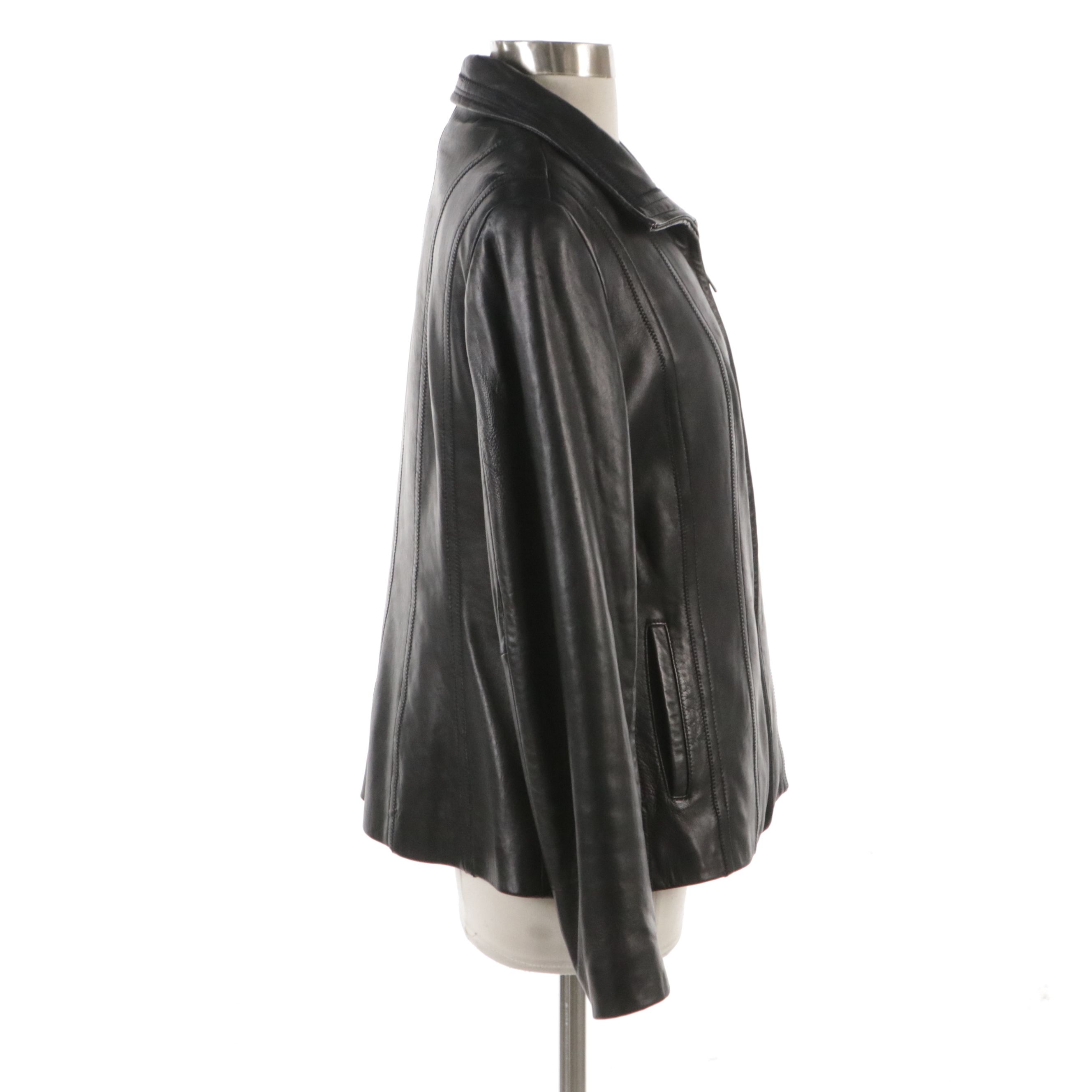 Jones New York Black Lambskin Zippered Leather Jacket