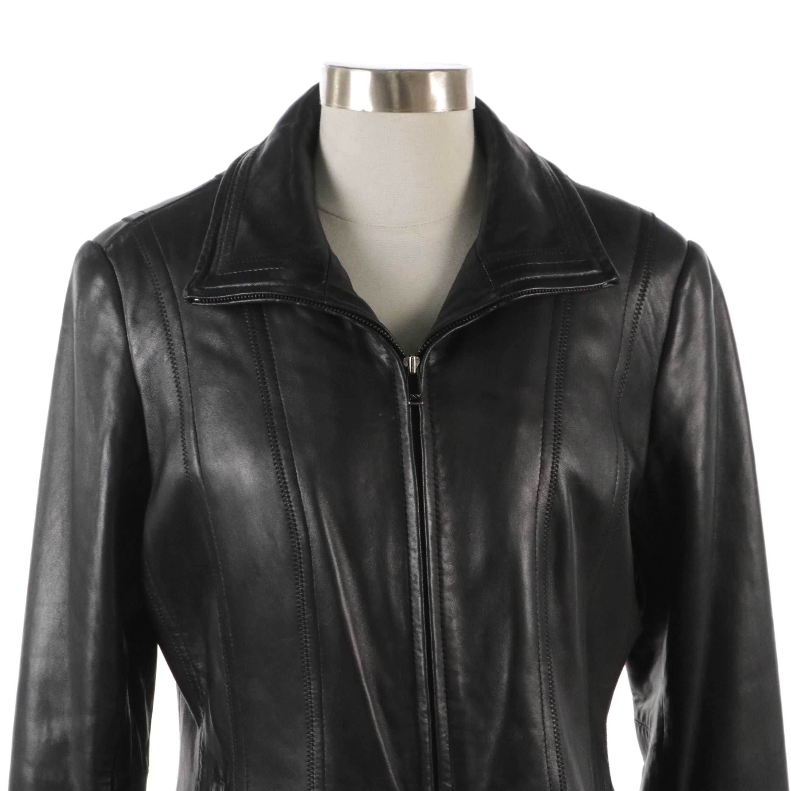 Jones New York Black Lambskin Zippered Leather Jacket
