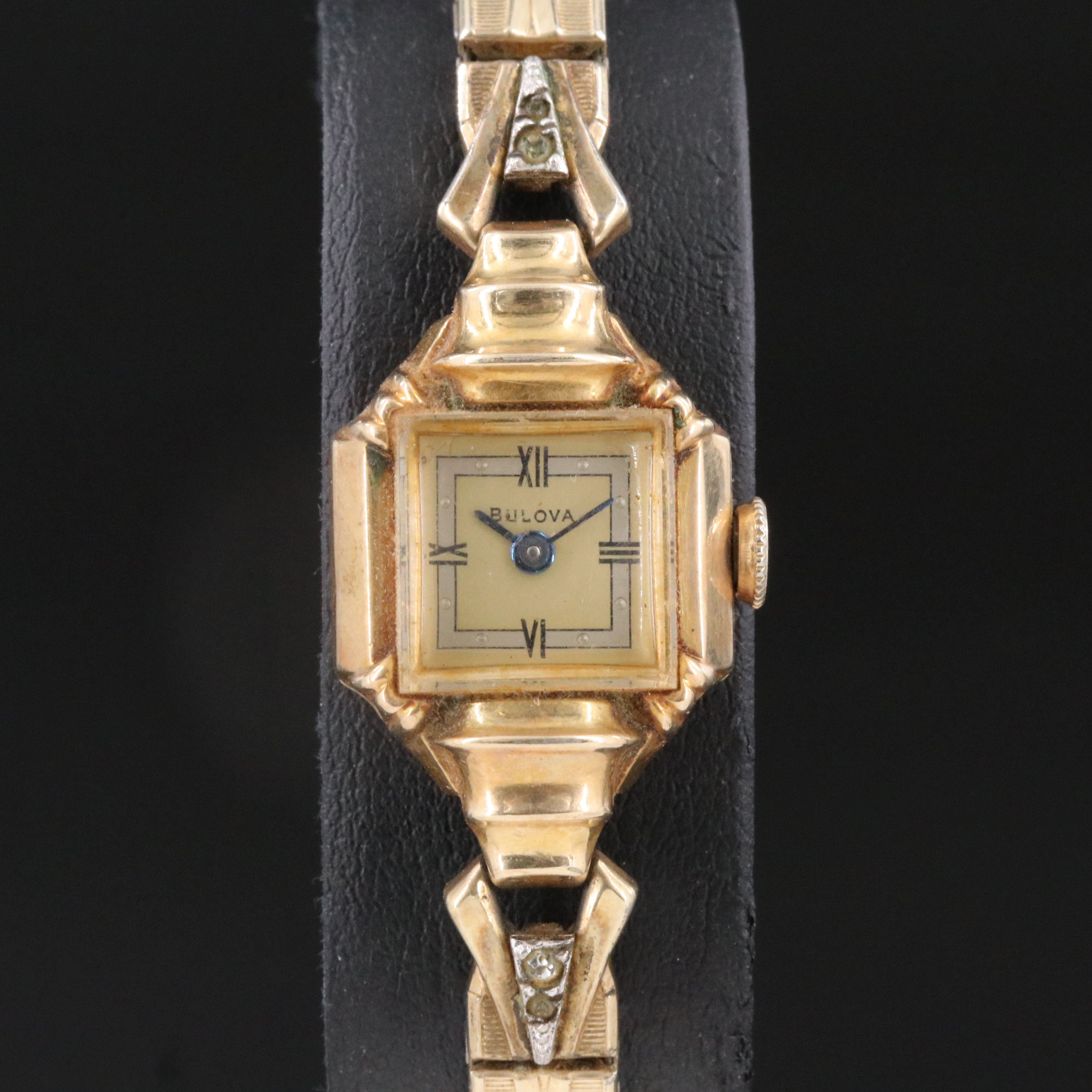 Mid Century Bulova Art Deco Diamond Accented Gold-Filled Stem Wind Watch
