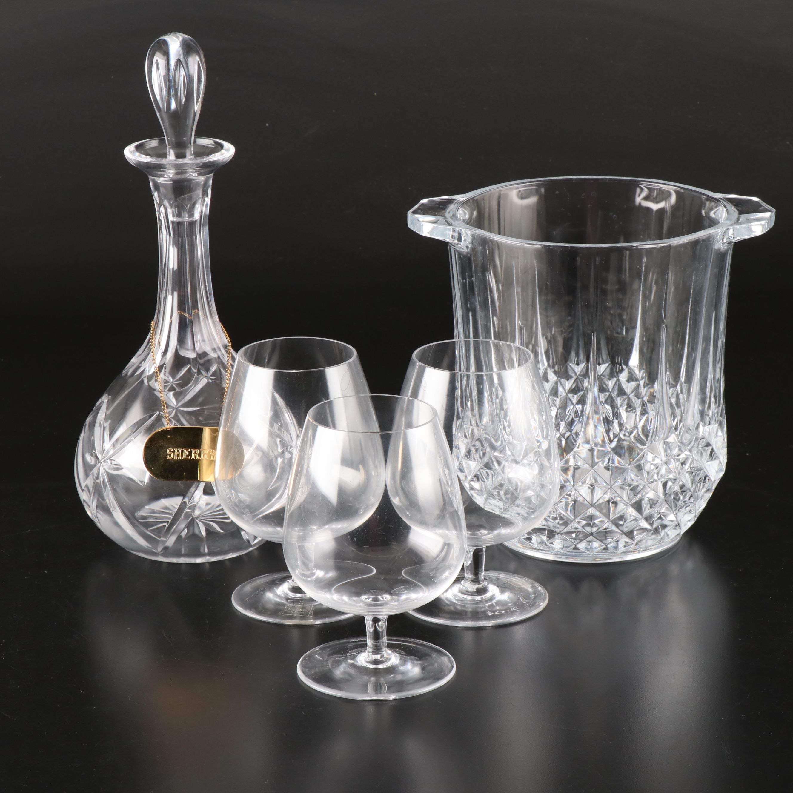 Rogaska Brandy Glasses and Atlantis Decanter with Crystal Ice Bucket