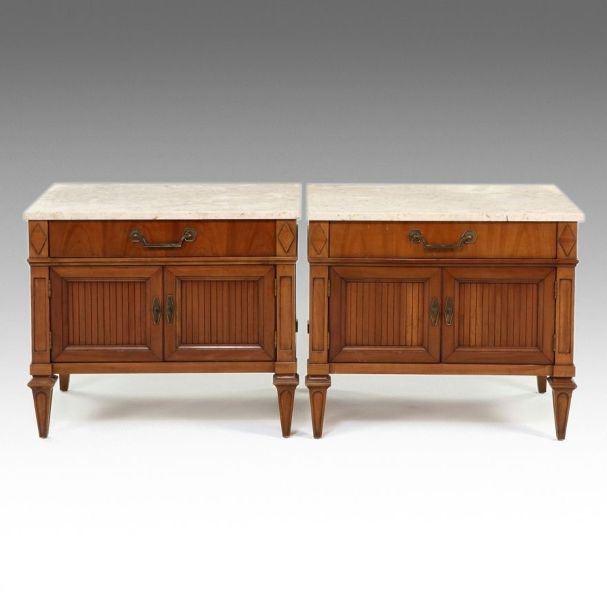 Pair of Neoclassical Style Marble-Top Fruitwood Nightstands, Mid to Late 20th C.