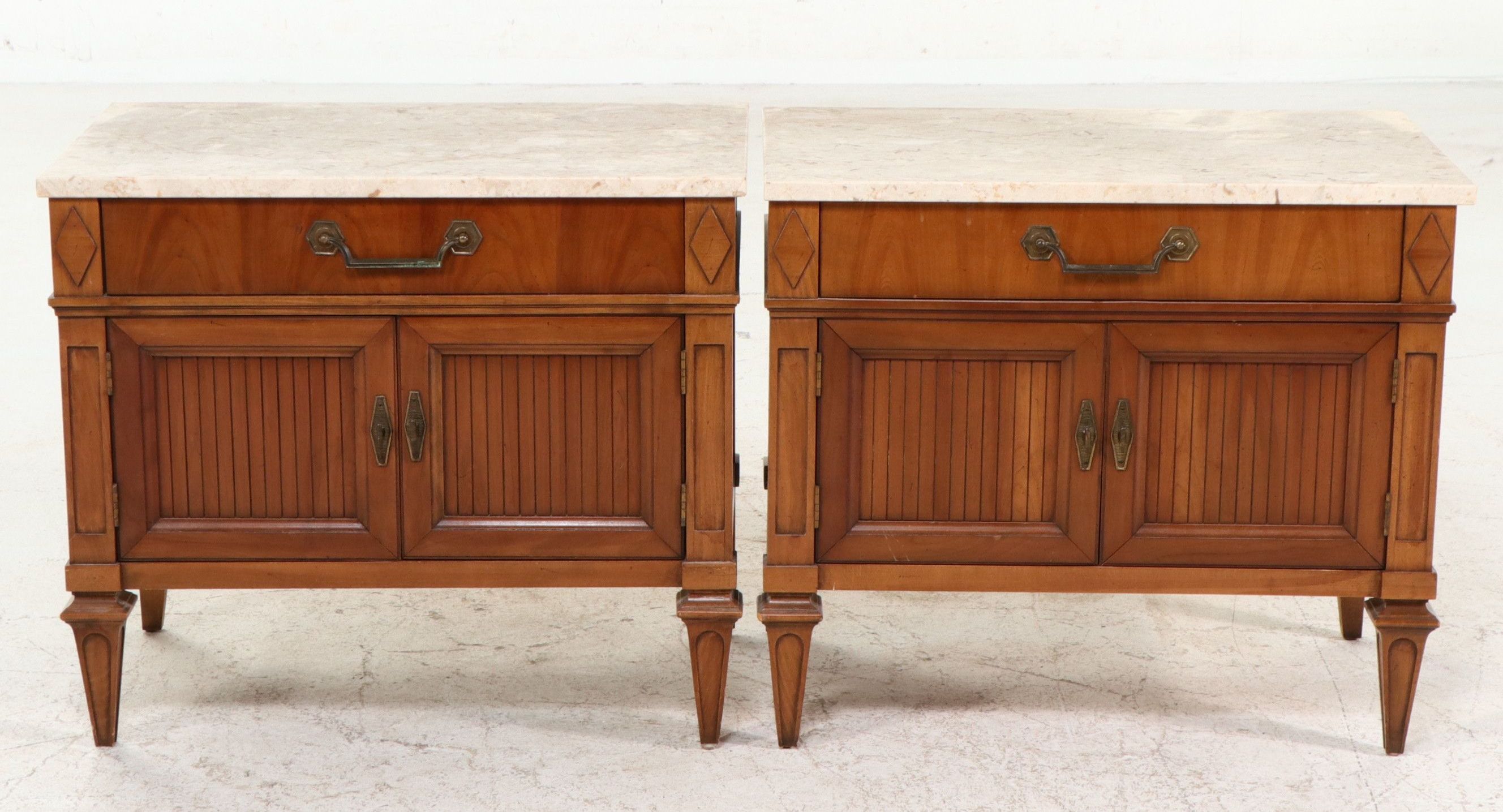 Pair of Neoclassical Style Marble-Top Fruitwood Nightstands, Mid to Late 20th C.