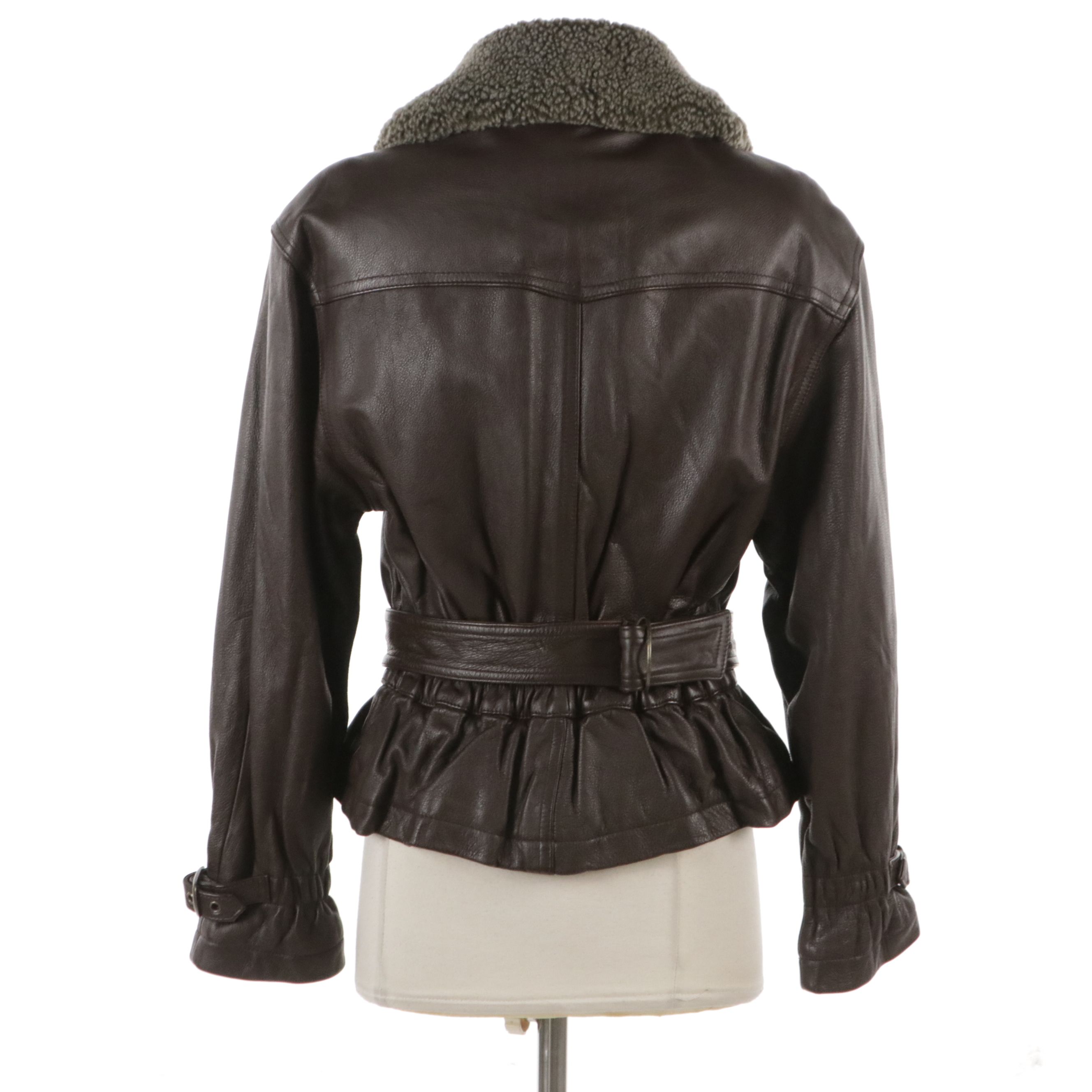 Colebrook & Co. Brown Belted Leather Jacket with Faux Shearling Collar