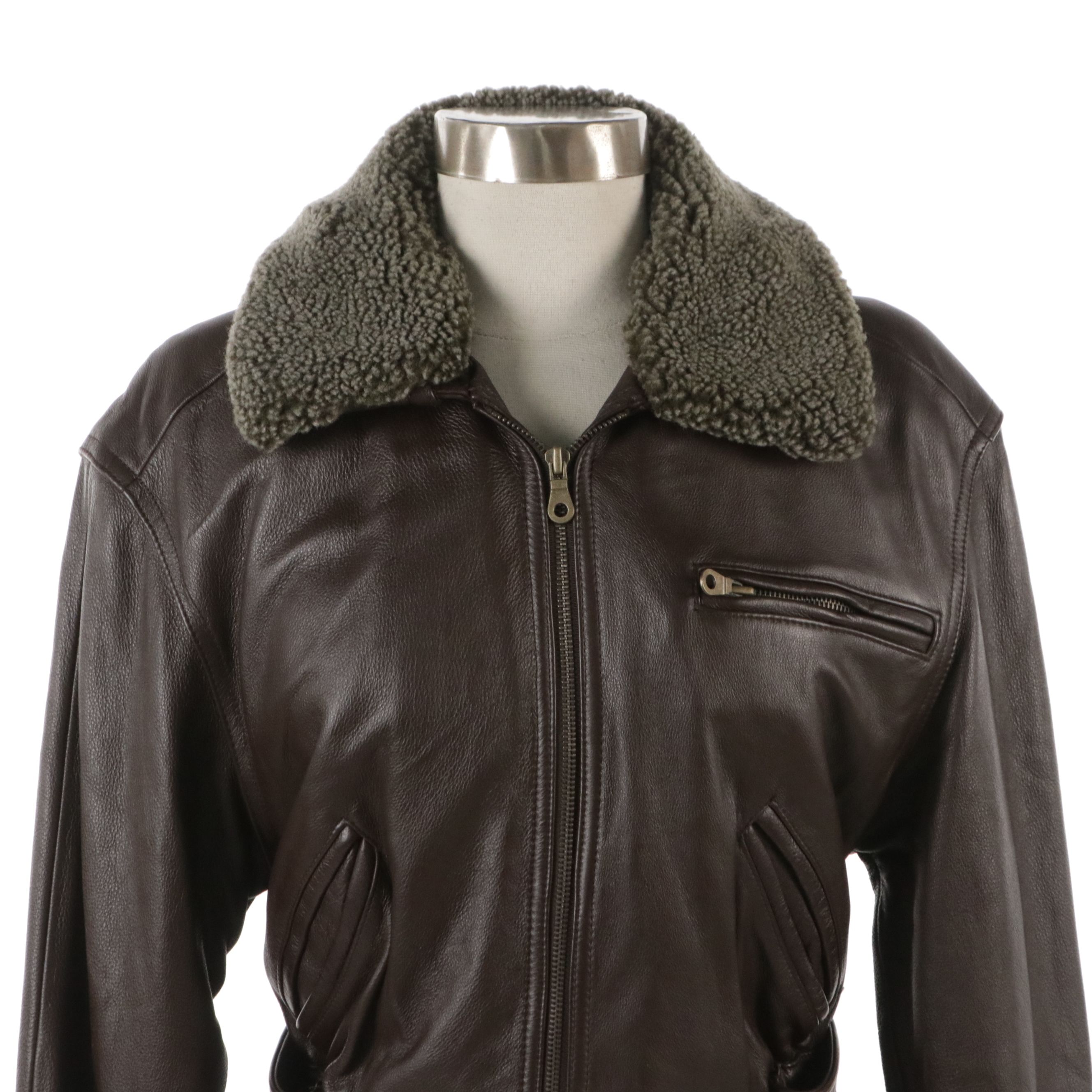 Colebrook & Co. Brown Belted Leather Jacket with Faux Shearling Collar