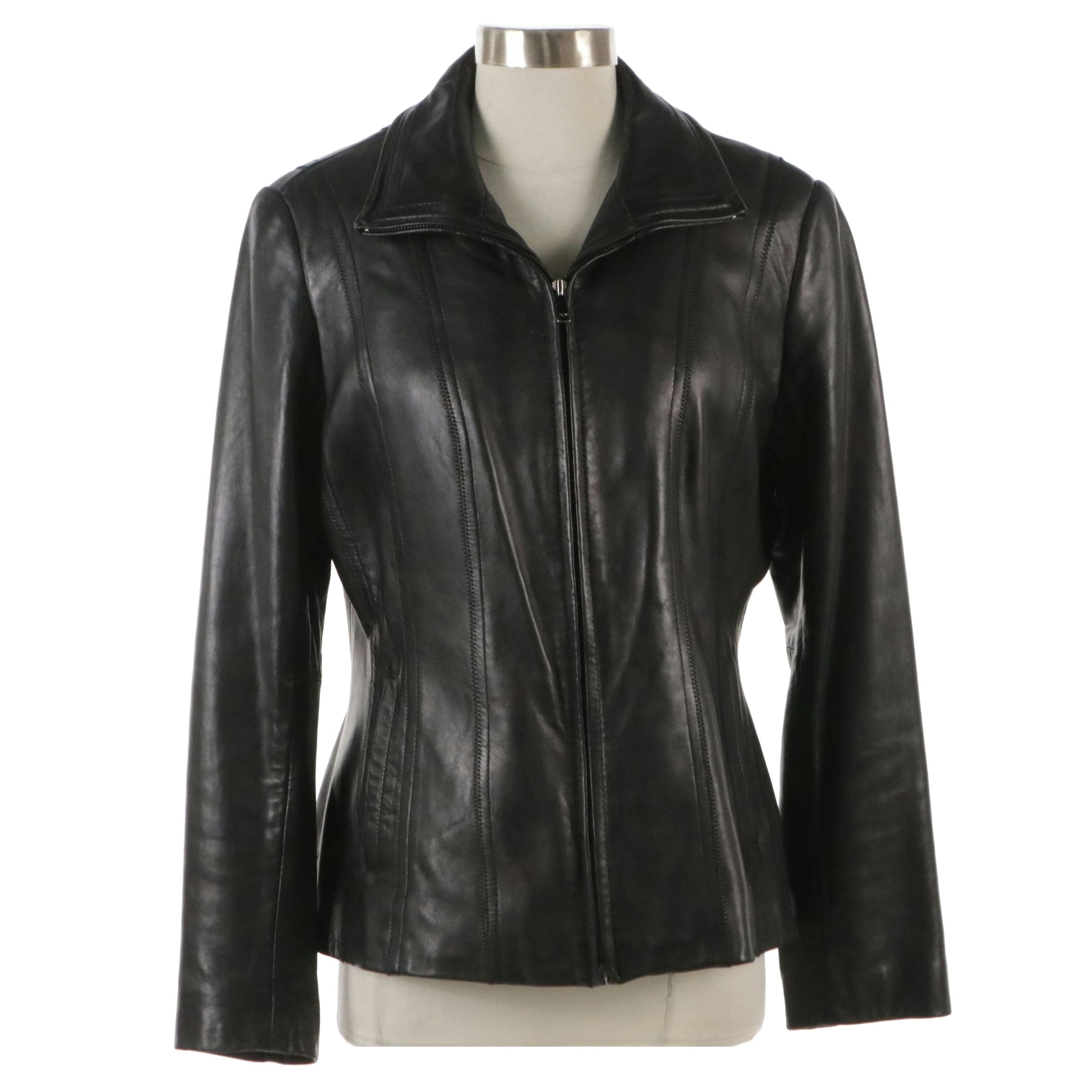 Jones New York Black Lambskin Zippered Leather Jacket