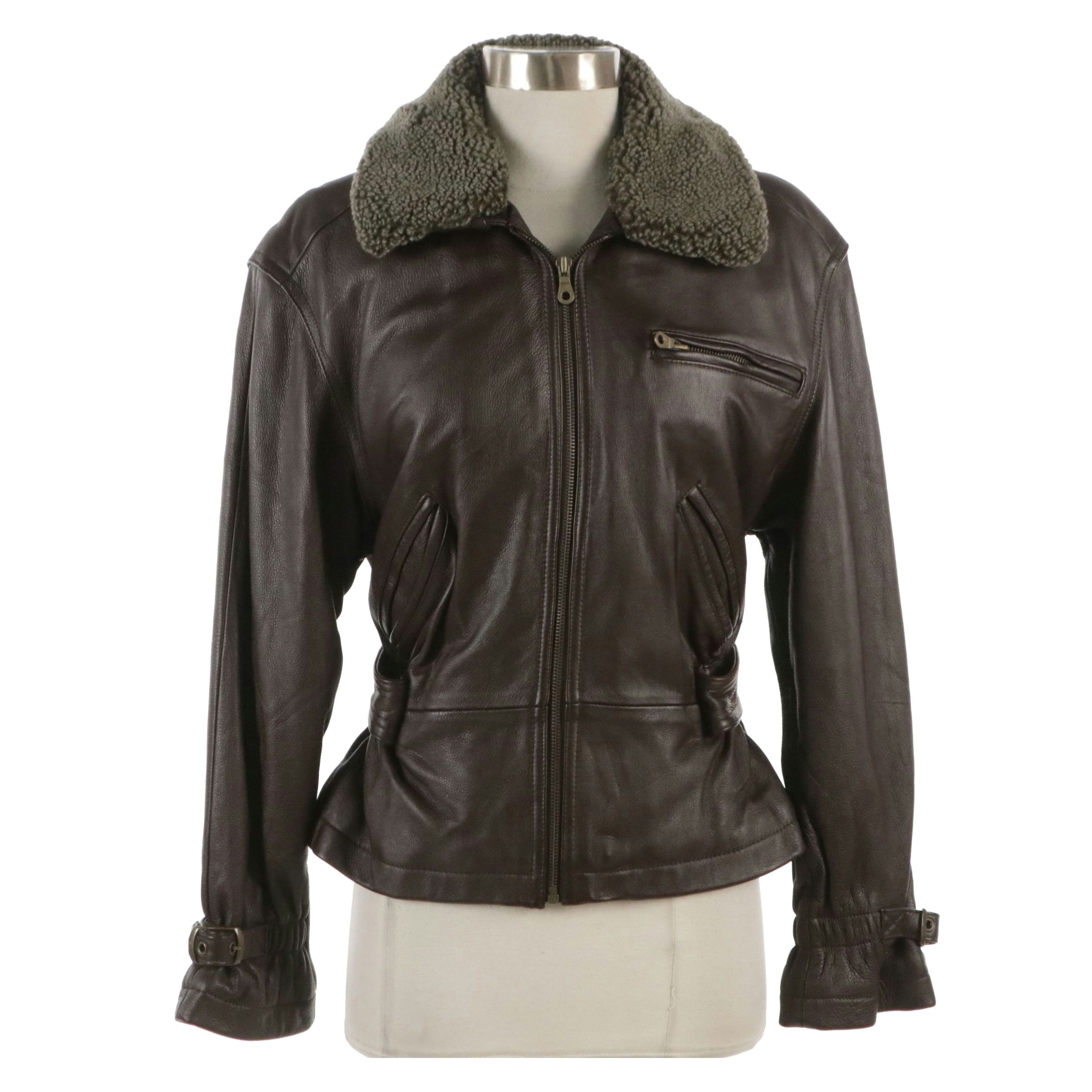 Colebrook & Co. Brown Belted Leather Jacket with Faux Shearling Collar