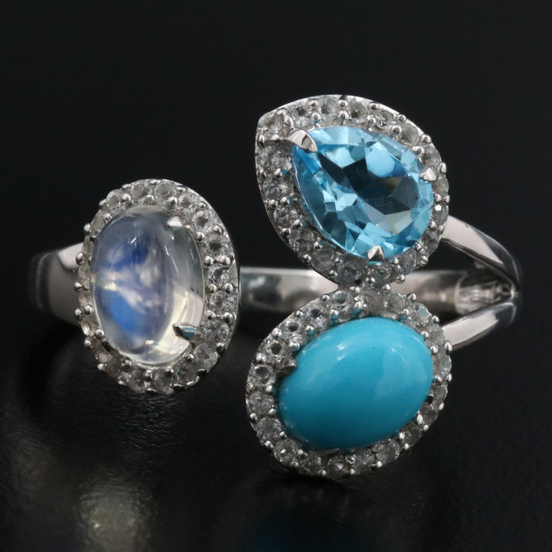 Sterling Ring Featuring Rainbow Moonstone, Blue Topaz and Turquoise
