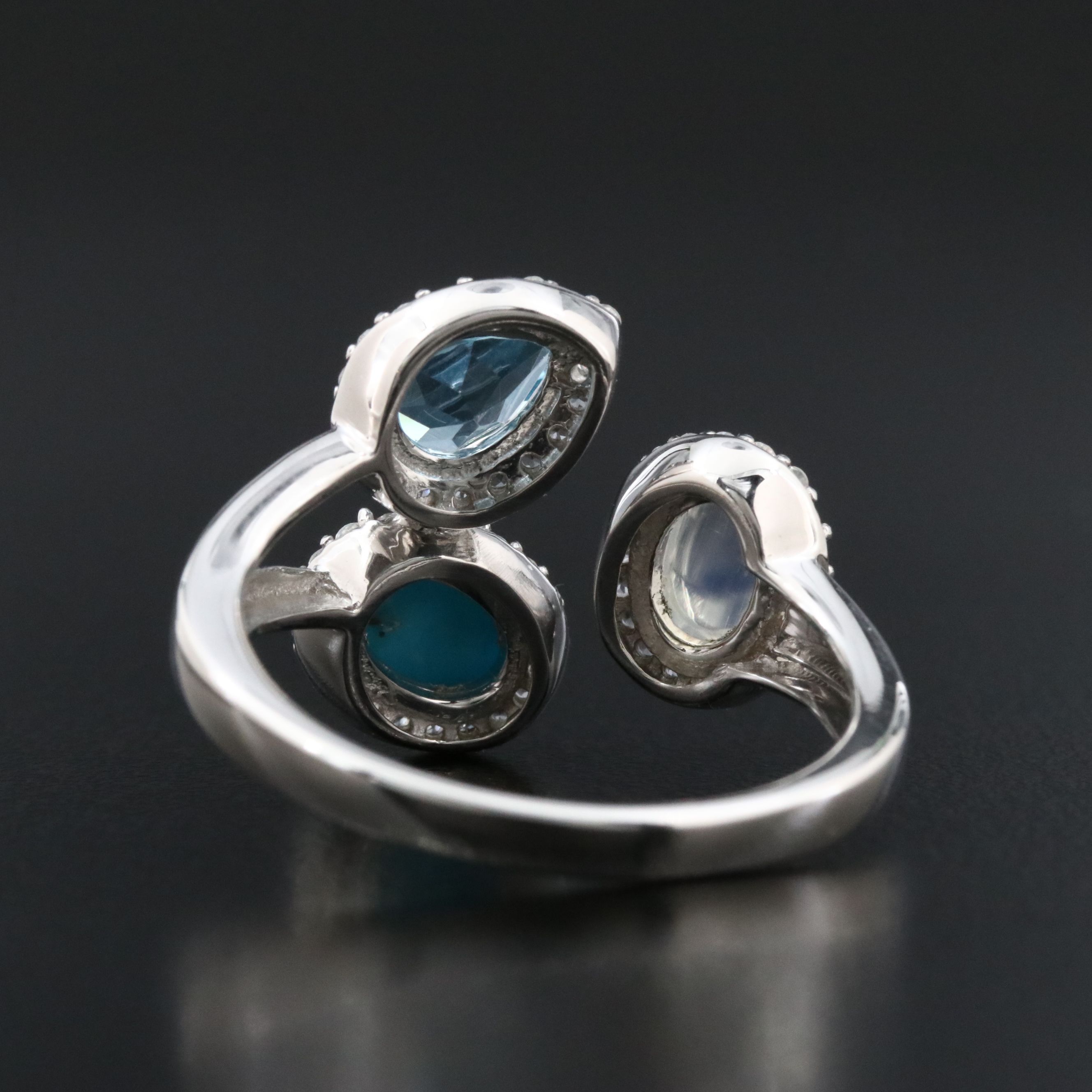 Sterling Ring Featuring Rainbow Moonstone, Blue Topaz and Turquoise