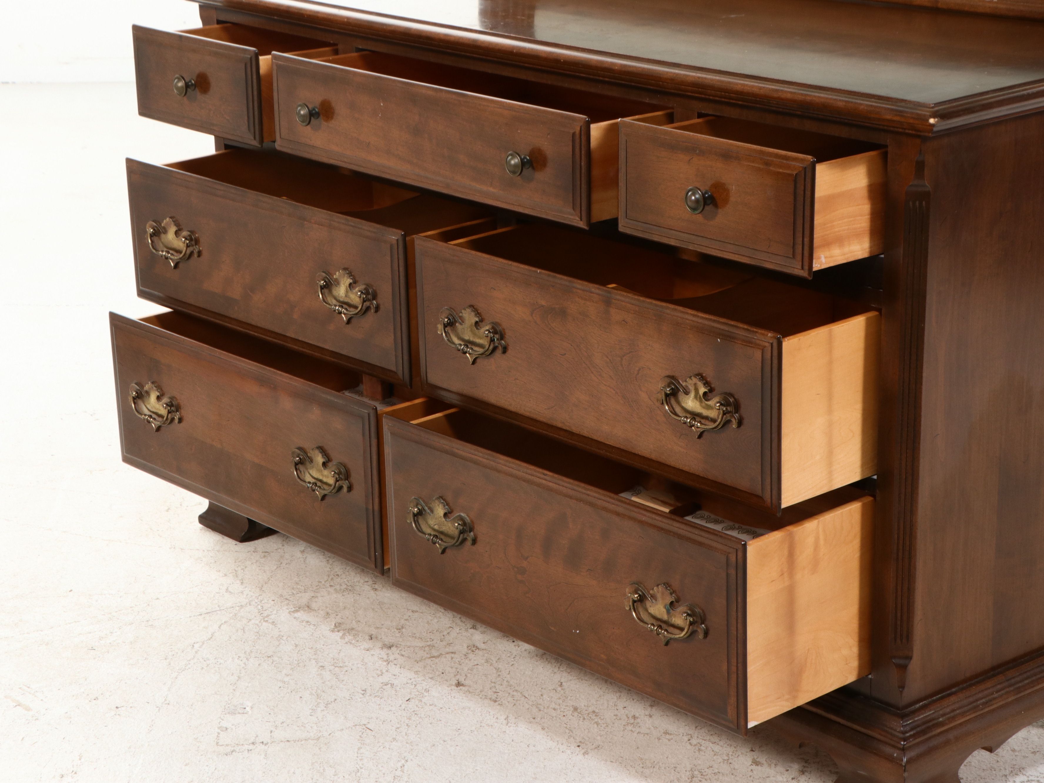 Ethan Allen Colonial Revival Cherry Double Dresser and Mirror, Late 20th Century