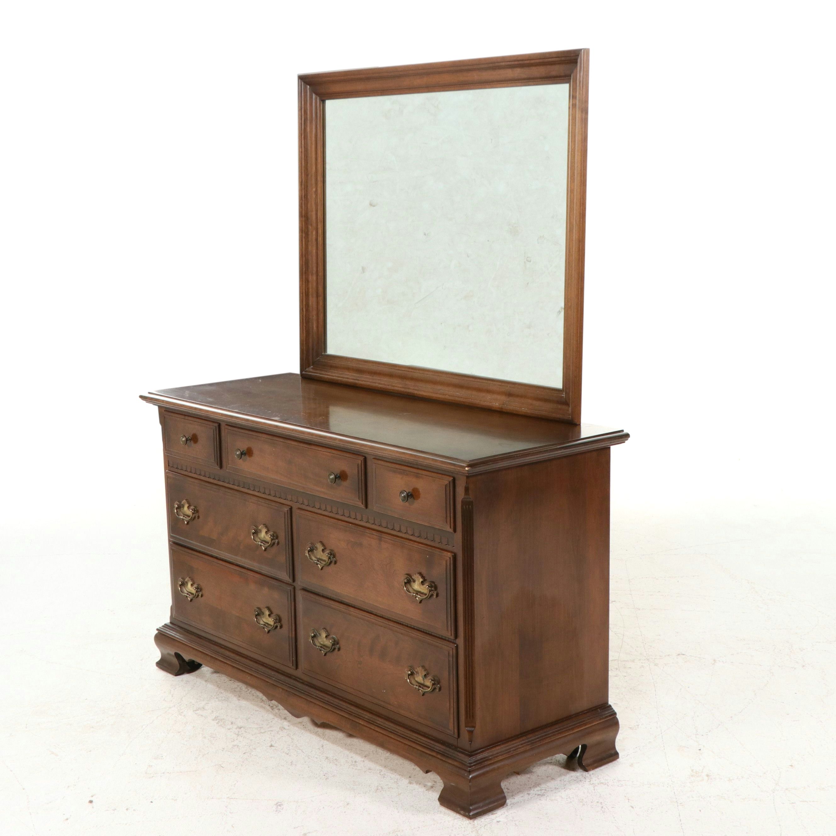 Ethan Allen Colonial Revival Cherry Double Dresser and Mirror, Late 20th Century