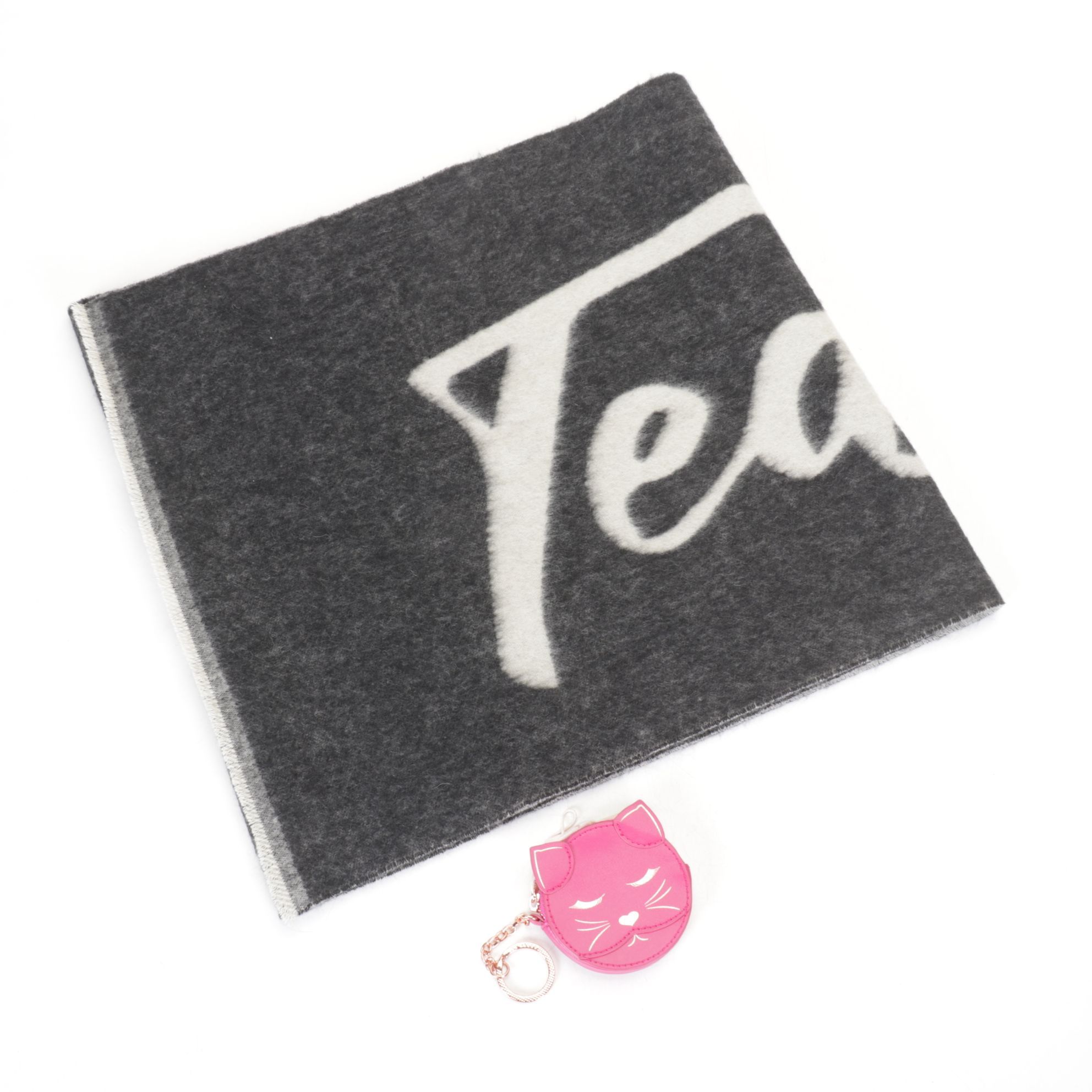 Ted Baker London Charcoal Wool Scarf and "TABBIEE" Fuchsia Cat Coin Purse