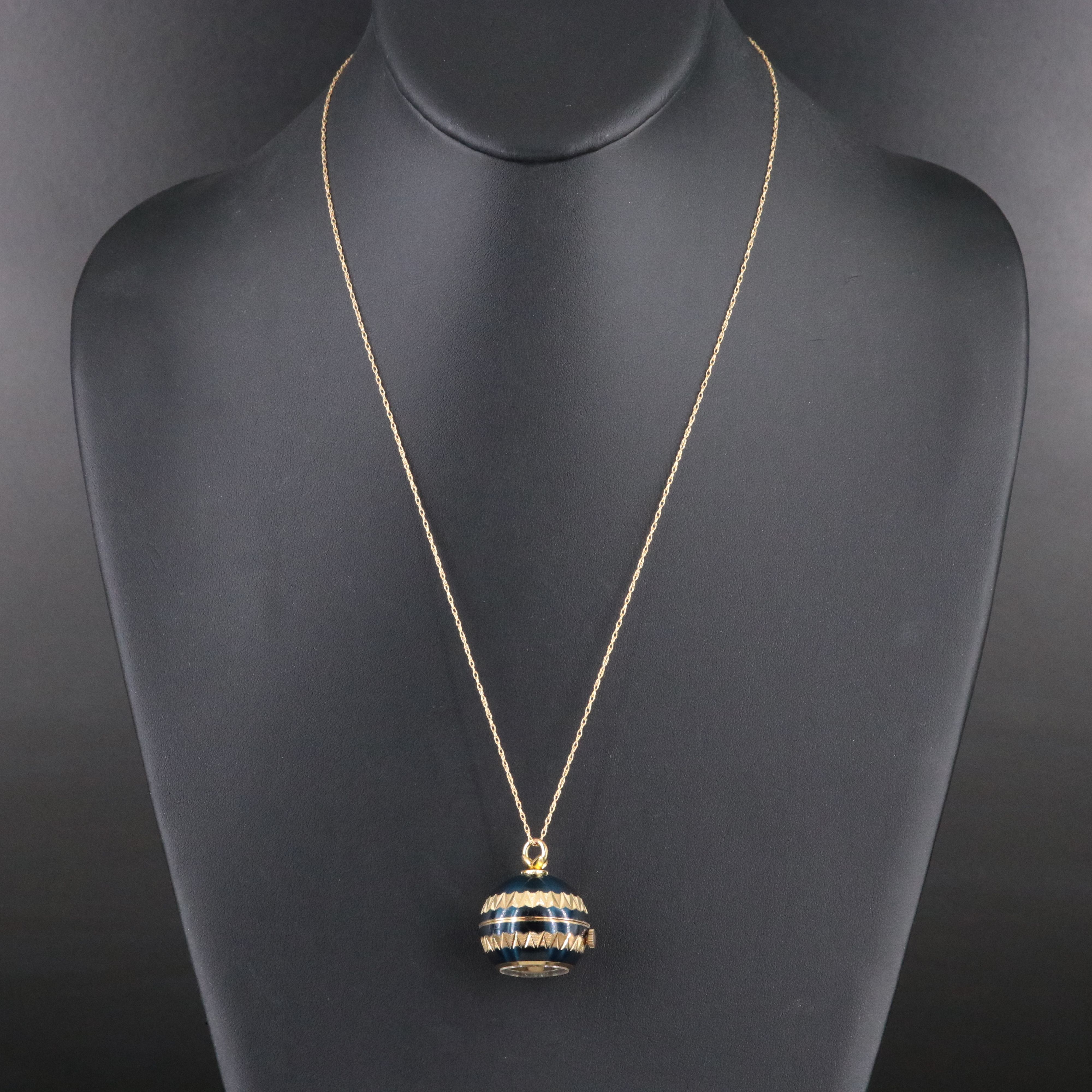 Bucherer Enamel and Gold Tone Orb Quartz Pendant Watch with 14K Chain