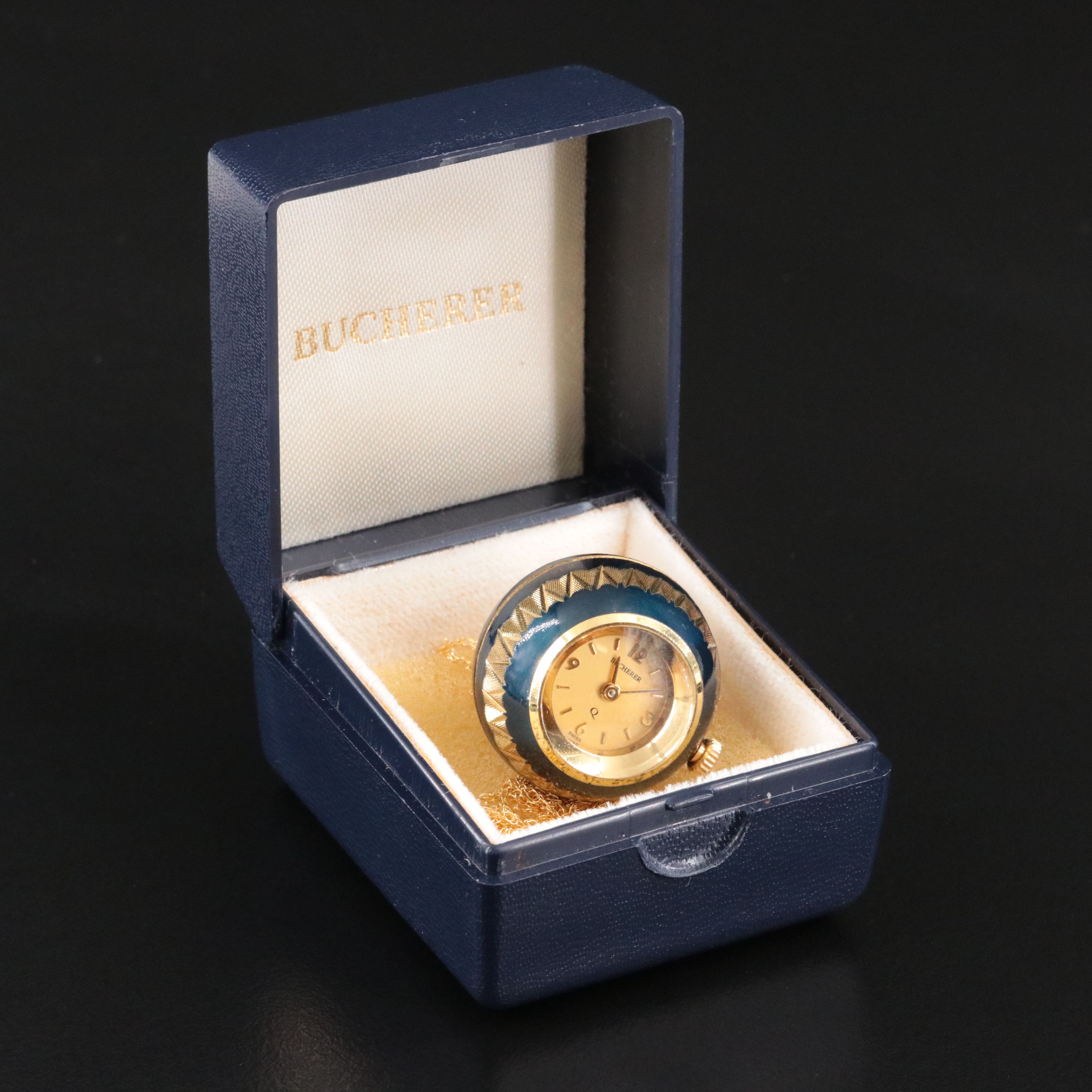 Bucherer Enamel and Gold Tone Orb Quartz Pendant Watch with 14K Chain