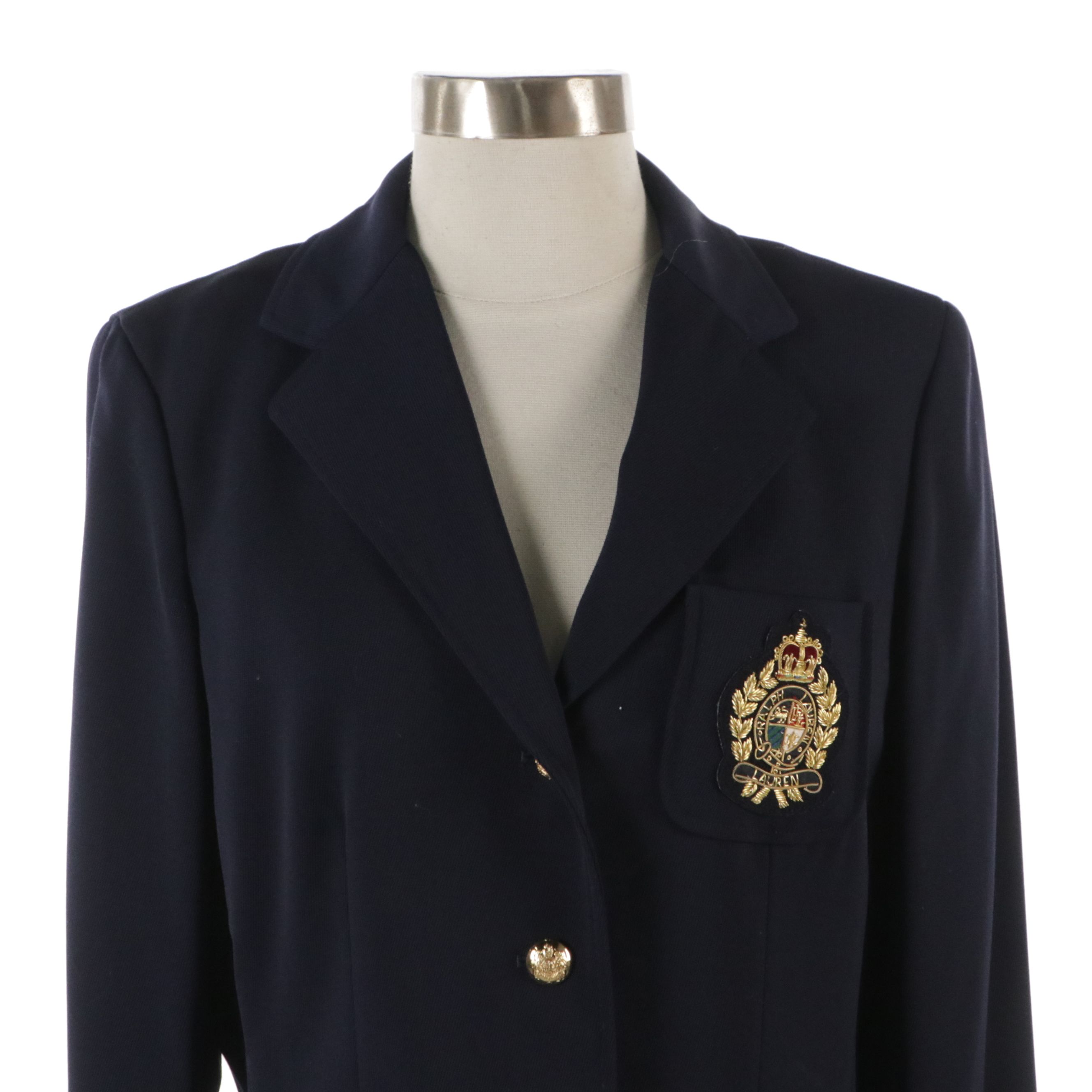 Lauren Ralph Lauren Embroidered Pocket Blazer in Navy Blue Wool Twill