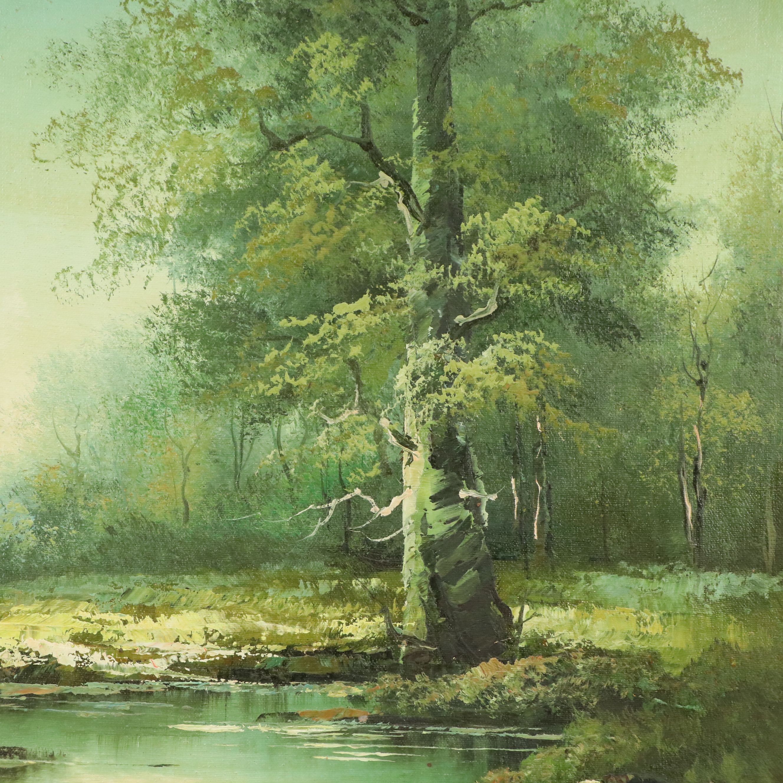 R. Farr Oil Painting of Woodland Stream, Mid to Late 20th Century