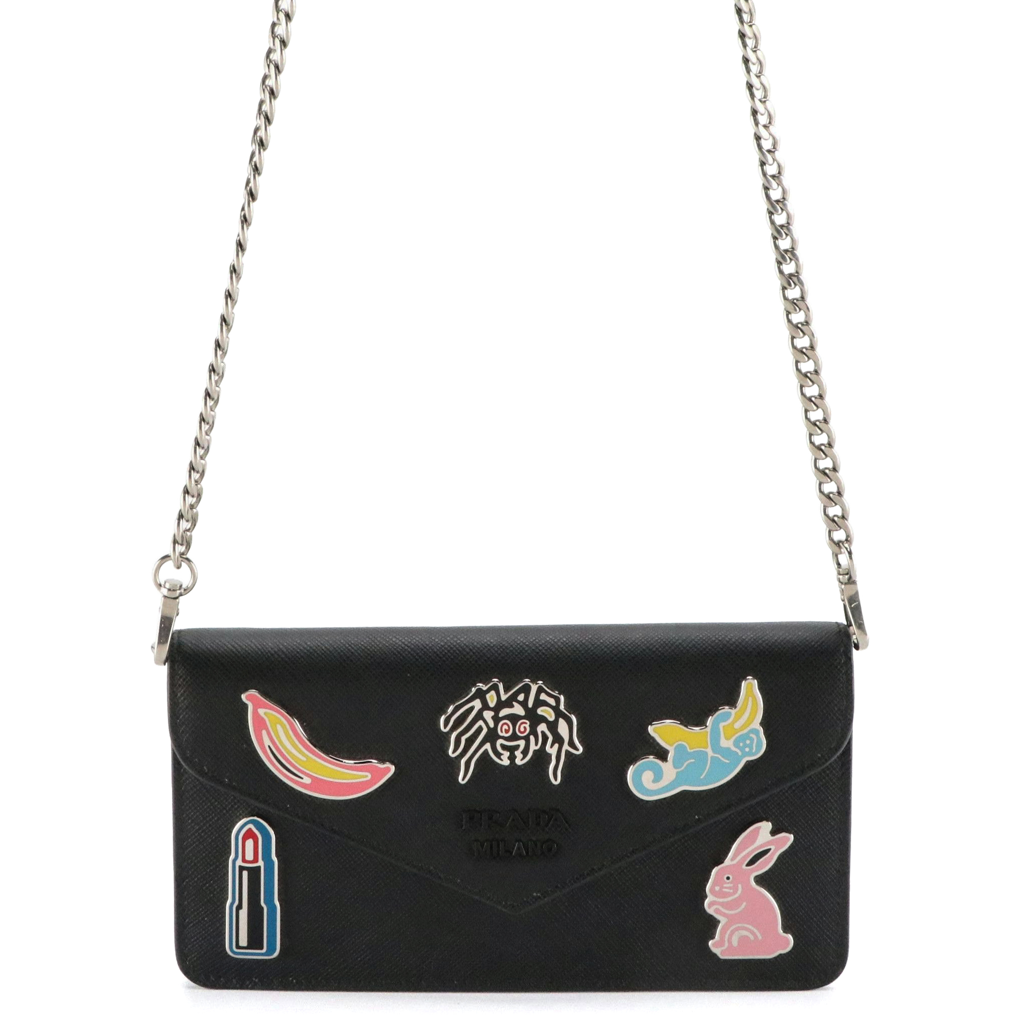 Prada Envelope Flap Wallet on Chain in Black Saffiano Leaher with Enamel Charms