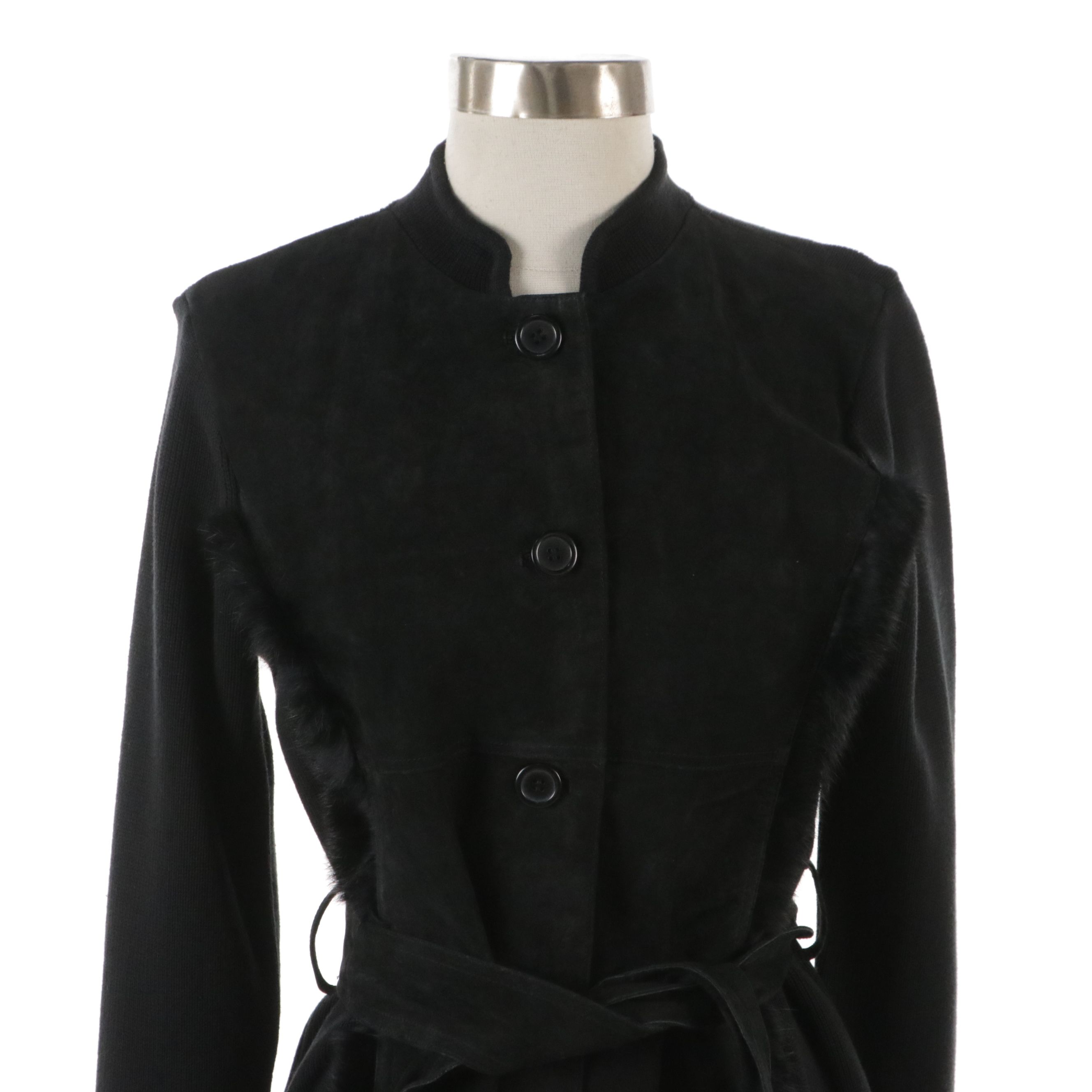 Cynthia Steffe Black Suede, Knit, and Rabbit Fur Button-Front Jacket with Tag