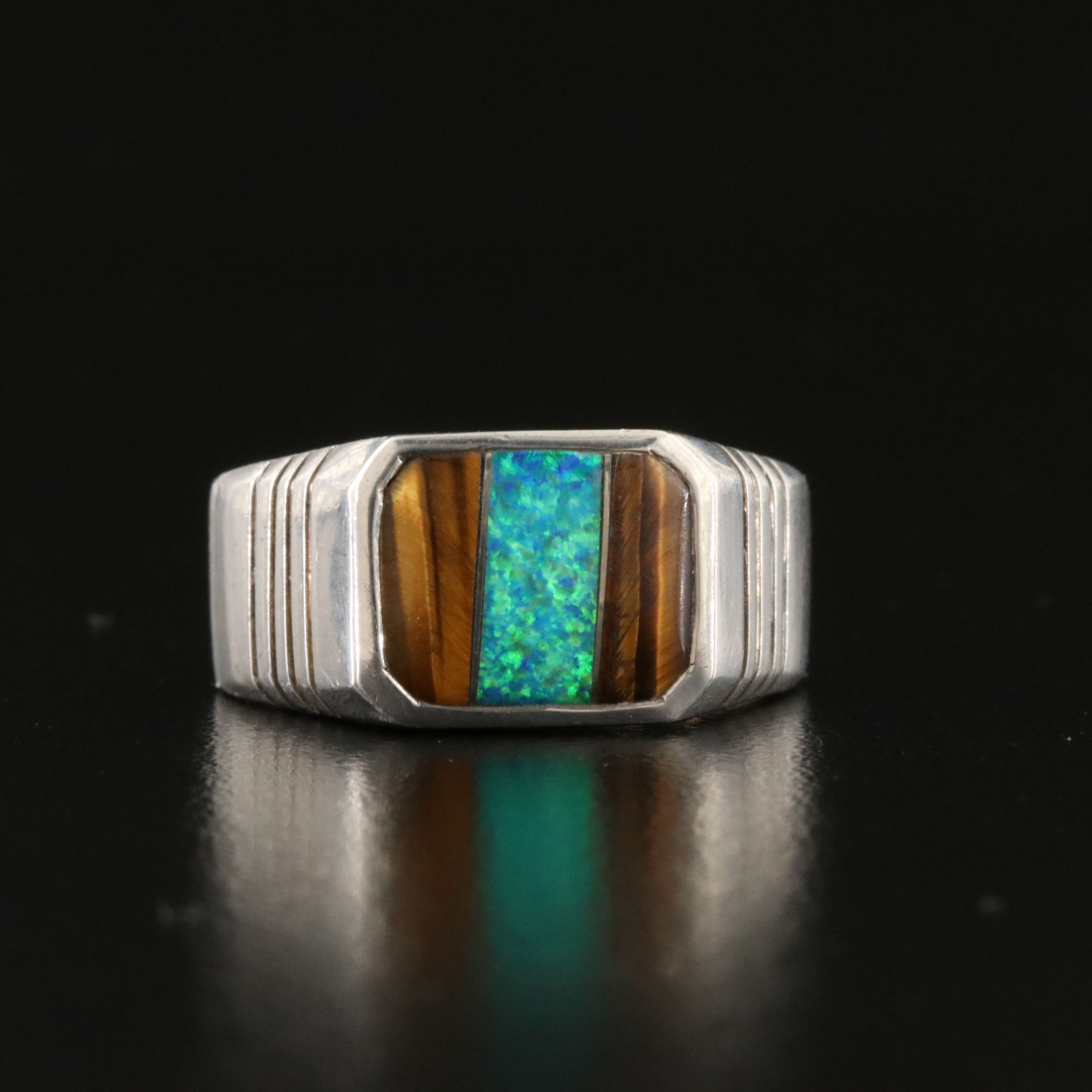 Sterling Opal and Tiger's Eye Inlay Ring