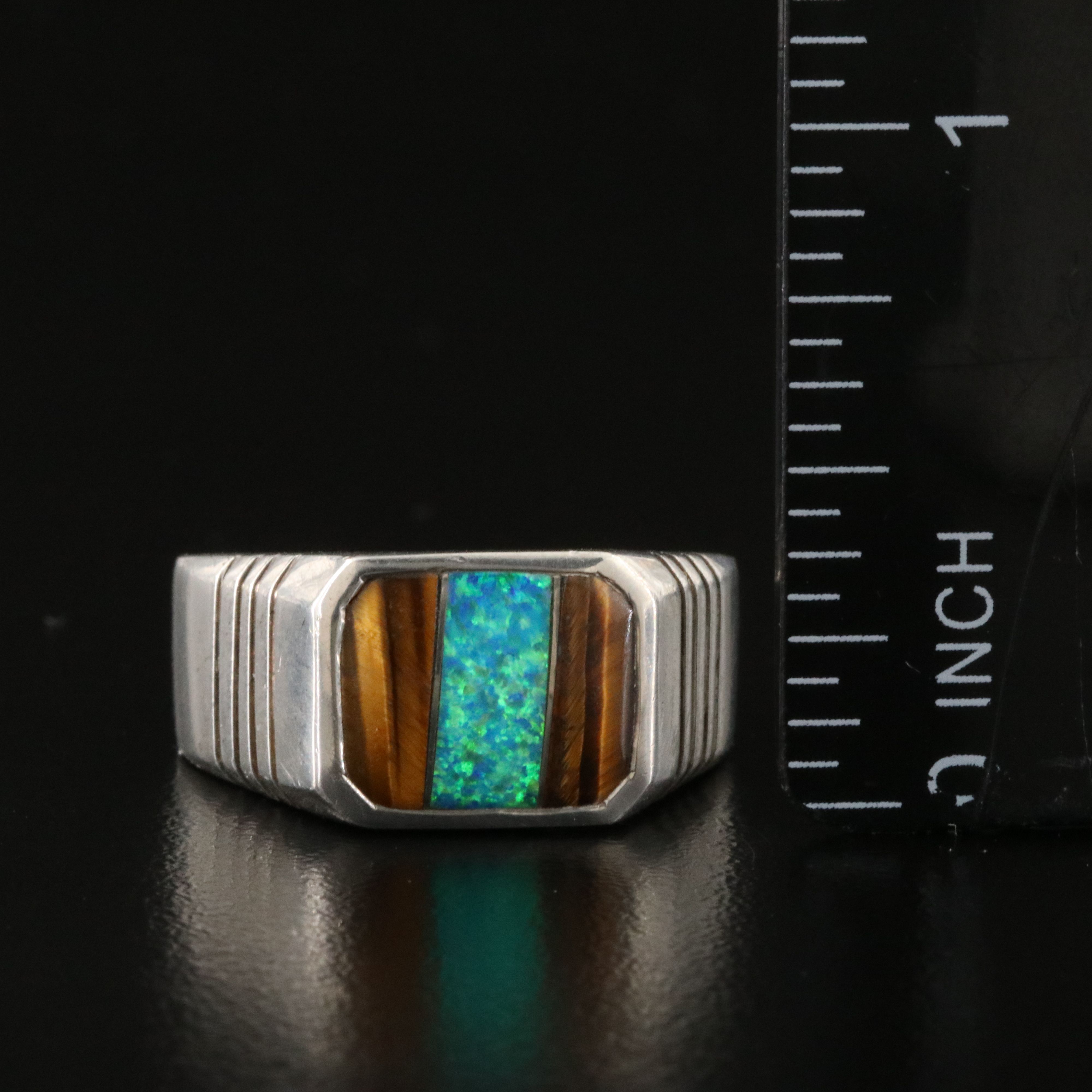 Sterling Opal and Tiger's Eye Inlay Ring