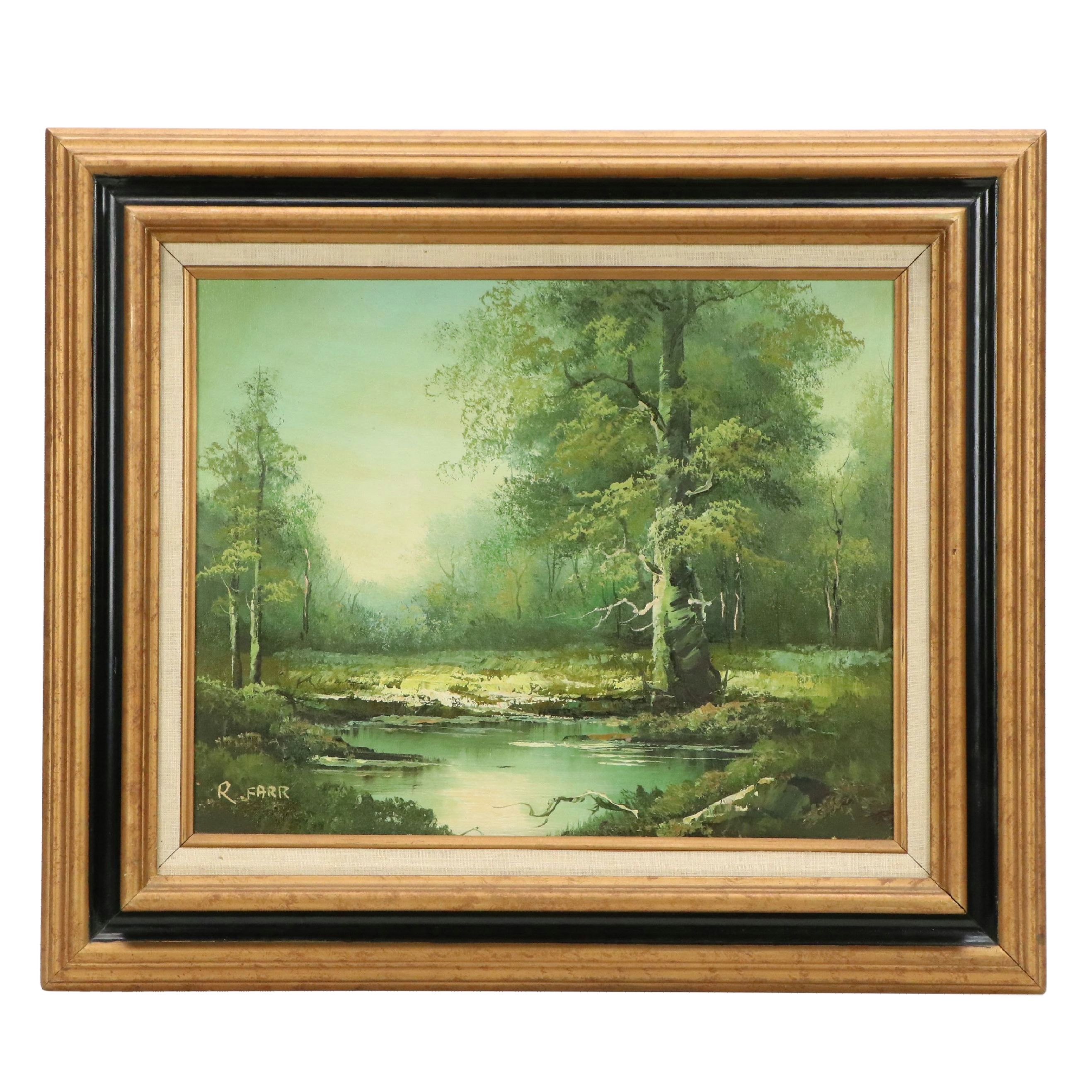 R. Farr Oil Painting of Woodland Stream, Mid to Late 20th Century