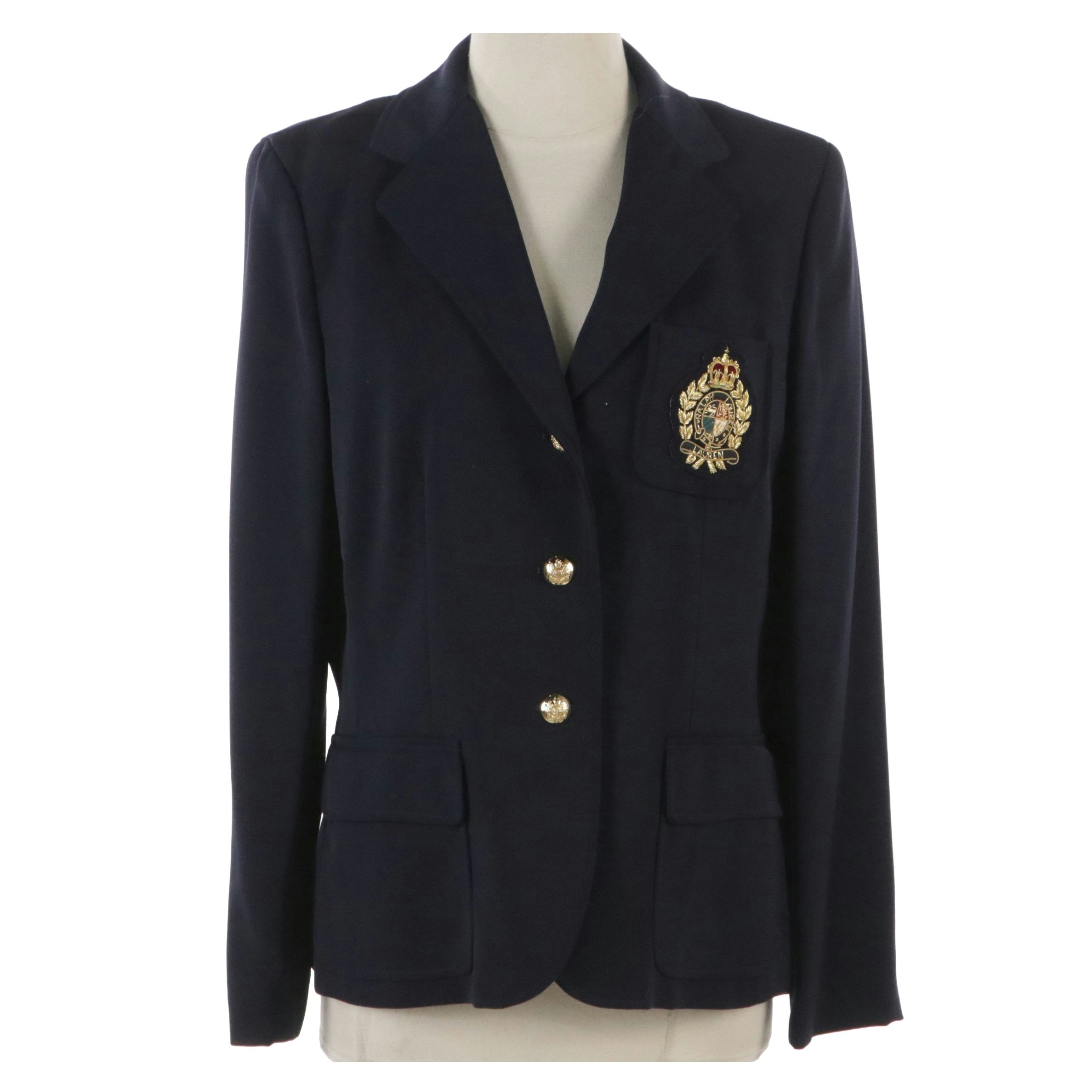 Lauren Ralph Lauren Embroidered Pocket Blazer in Navy Blue Wool Twill