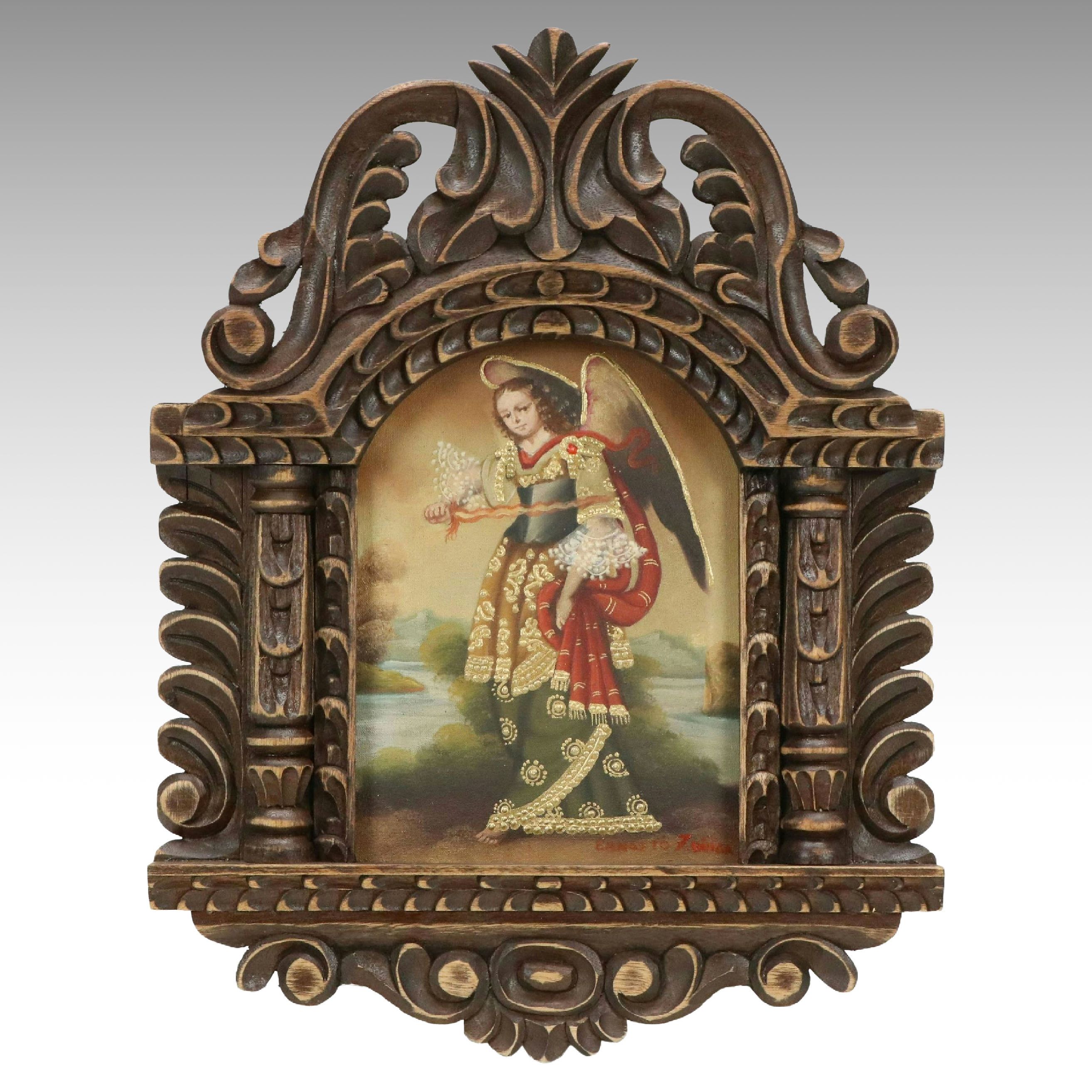 Ernesto Zúñiga Cuzco School Style Oil Painting "Archangel Uriel"