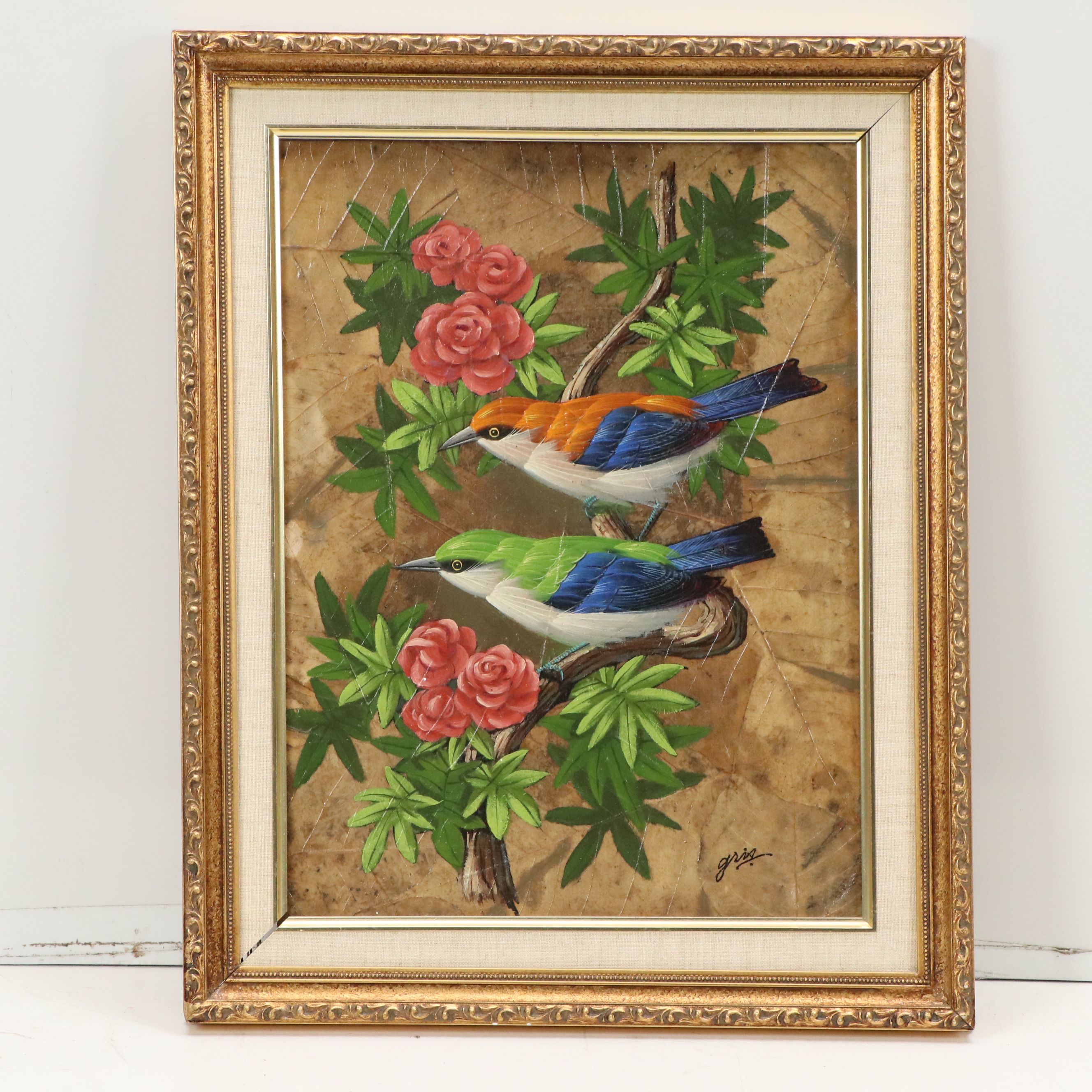Gris Oil Paintings on Tobacco Leaves of Colorful Birds, Mid to Late 20th Century