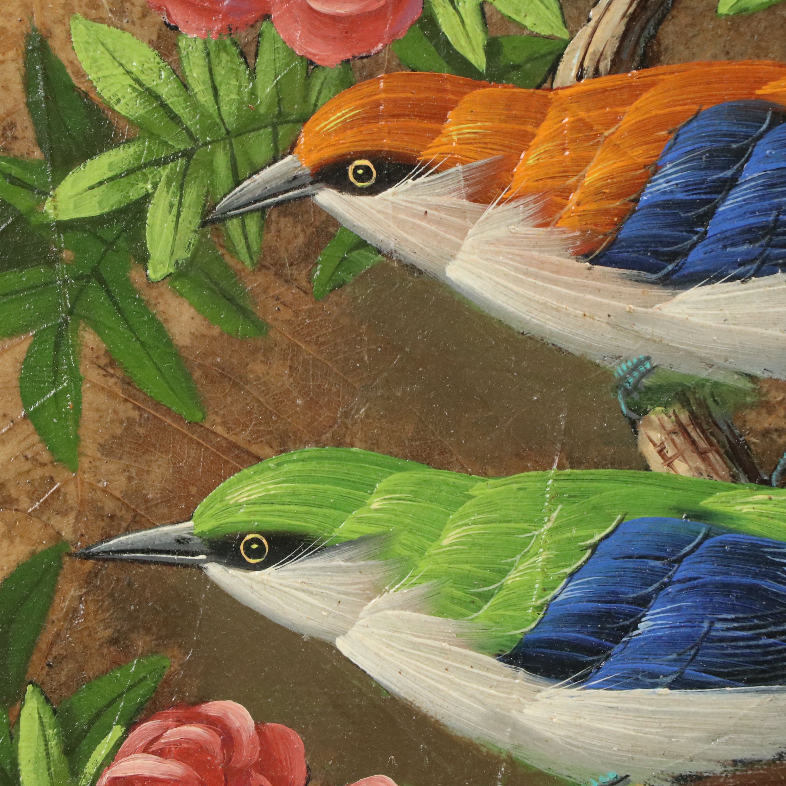 Gris Oil Paintings on Tobacco Leaves of Colorful Birds, Mid to Late 20th Century