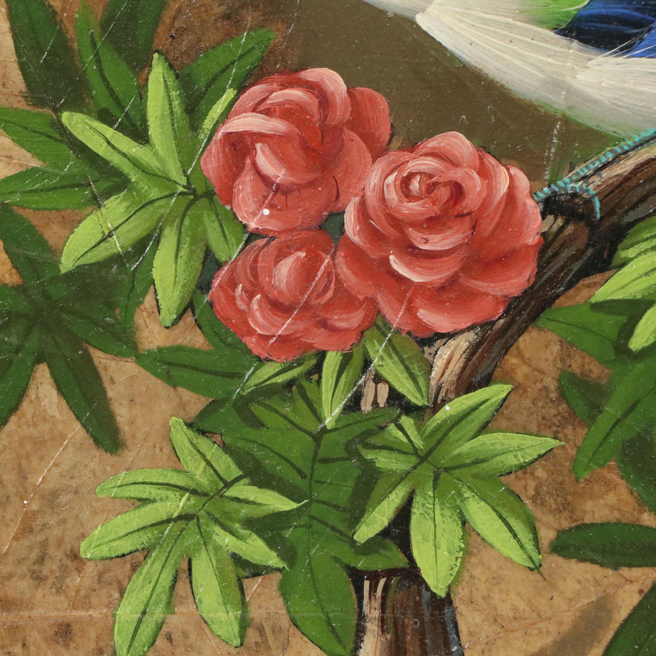 Gris Oil Paintings on Tobacco Leaves of Colorful Birds, Mid to Late 20th Century