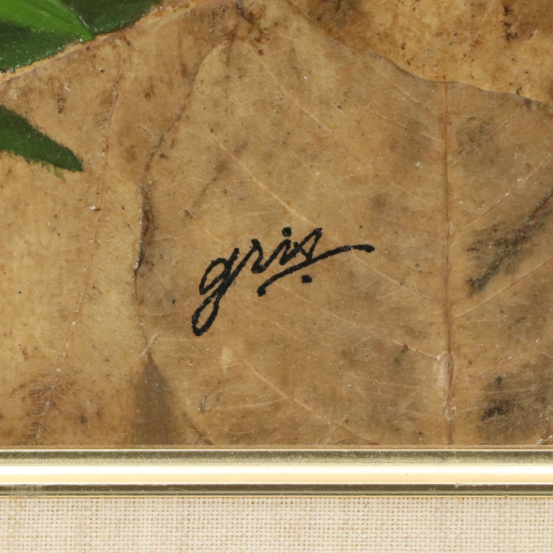 Gris Oil Paintings on Tobacco Leaves of Colorful Birds, Mid to Late 20th Century