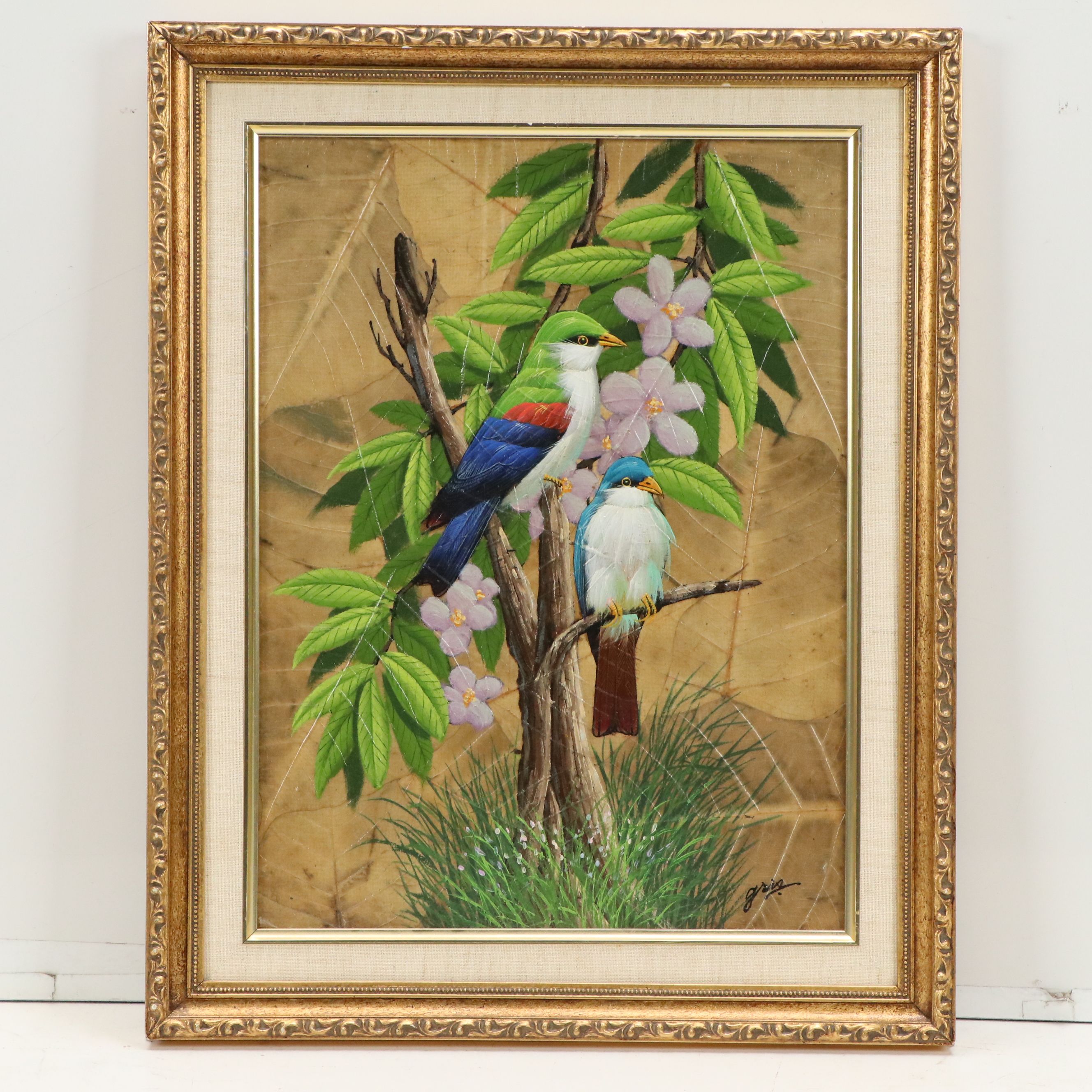 Gris Oil Paintings on Tobacco Leaves of Colorful Birds, Mid to Late 20th Century
