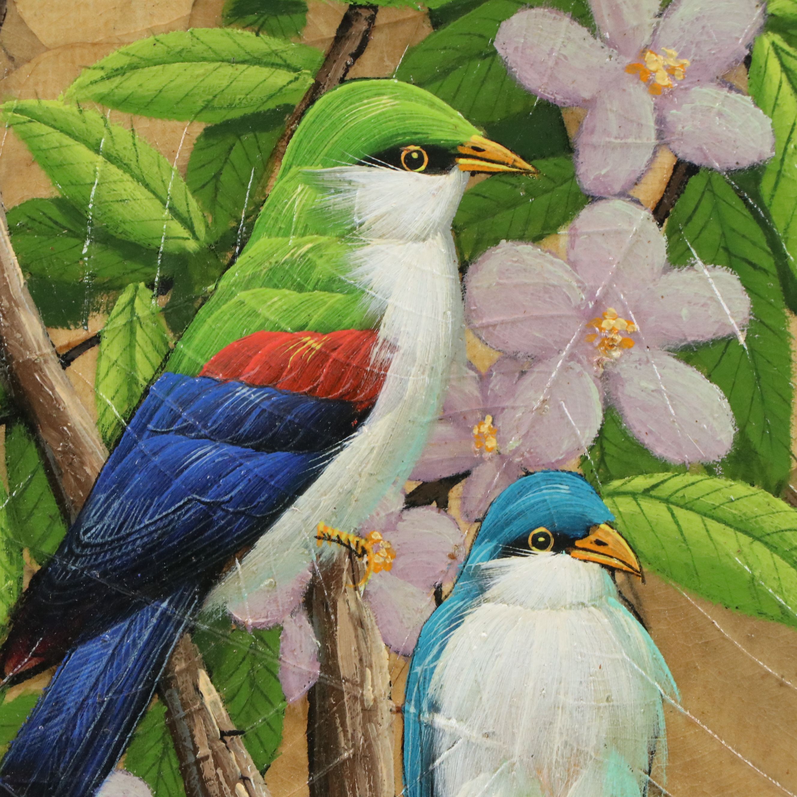 Gris Oil Paintings on Tobacco Leaves of Colorful Birds, Mid to Late 20th Century