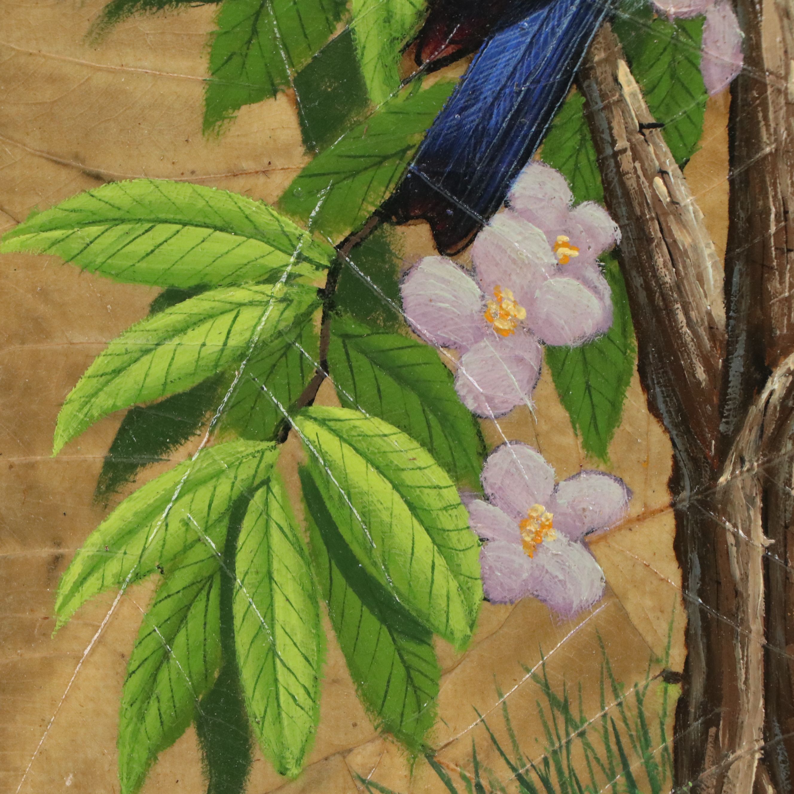 Gris Oil Paintings on Tobacco Leaves of Colorful Birds, Mid to Late 20th Century