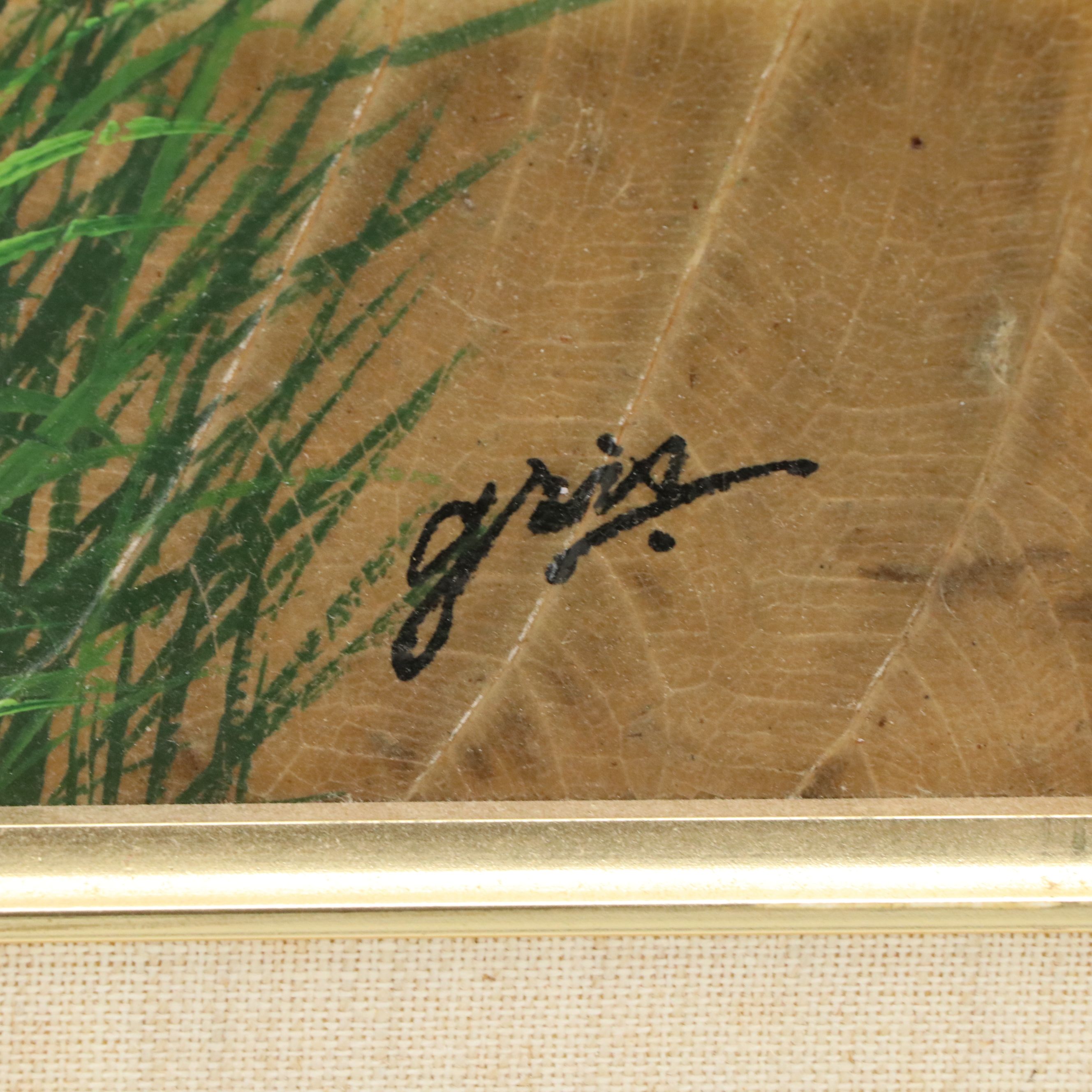 Gris Oil Paintings on Tobacco Leaves of Colorful Birds, Mid to Late 20th Century