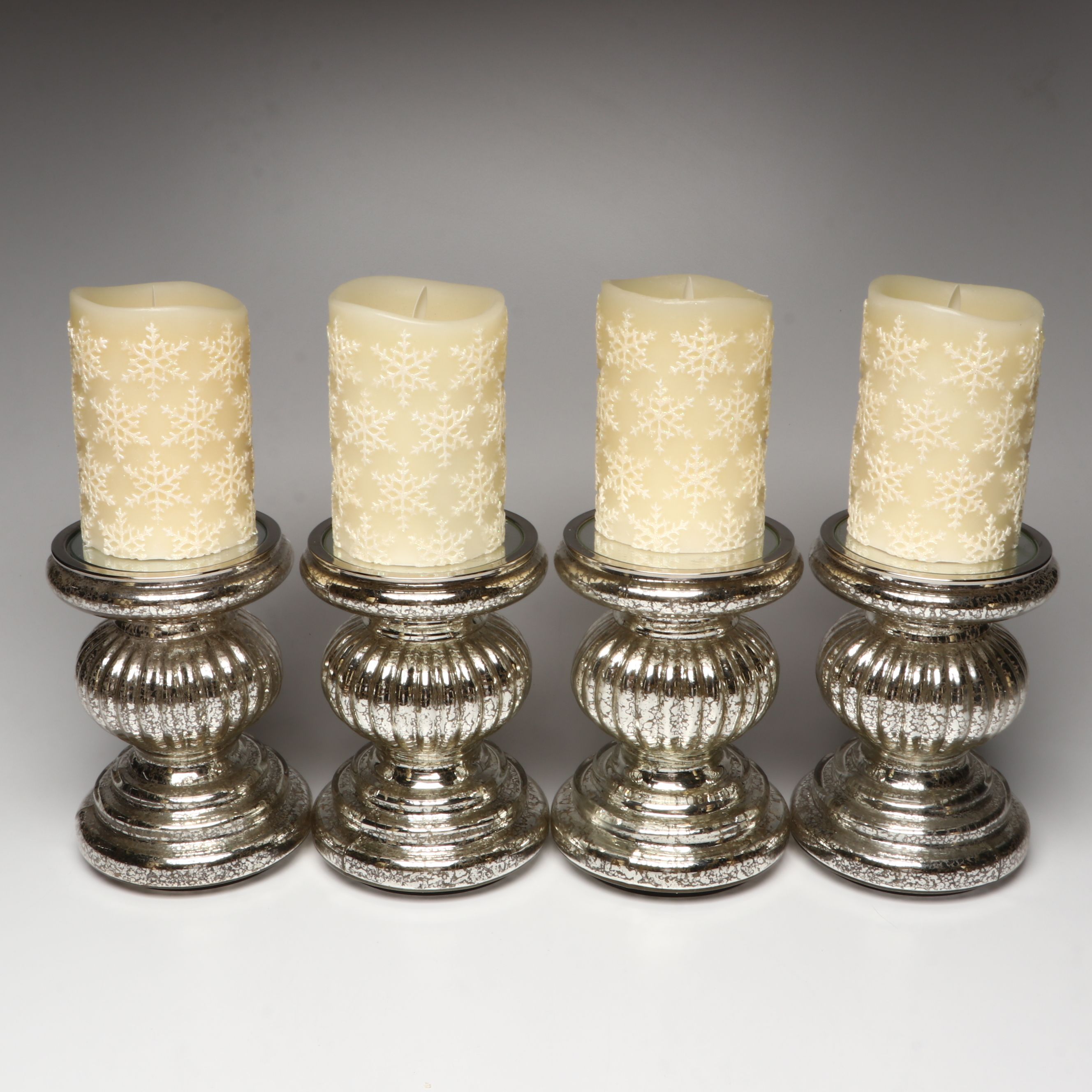 Luminara Glittered Snowflake Candles with Other Mercury Glass Candle Holders