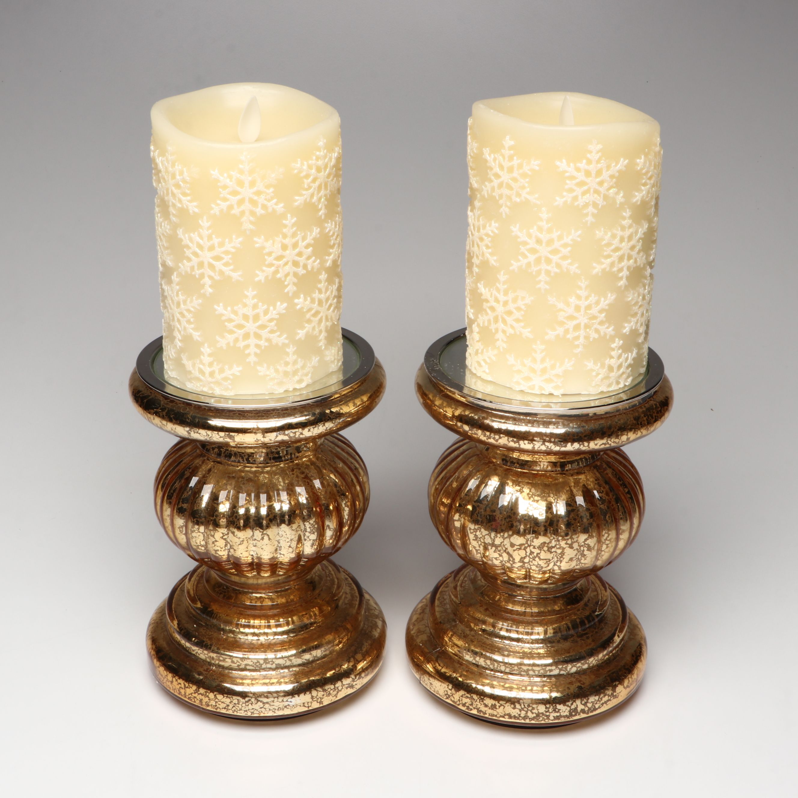 Luminara Glittered Snowflake Candles with Other Mercury Glass Candle Holders