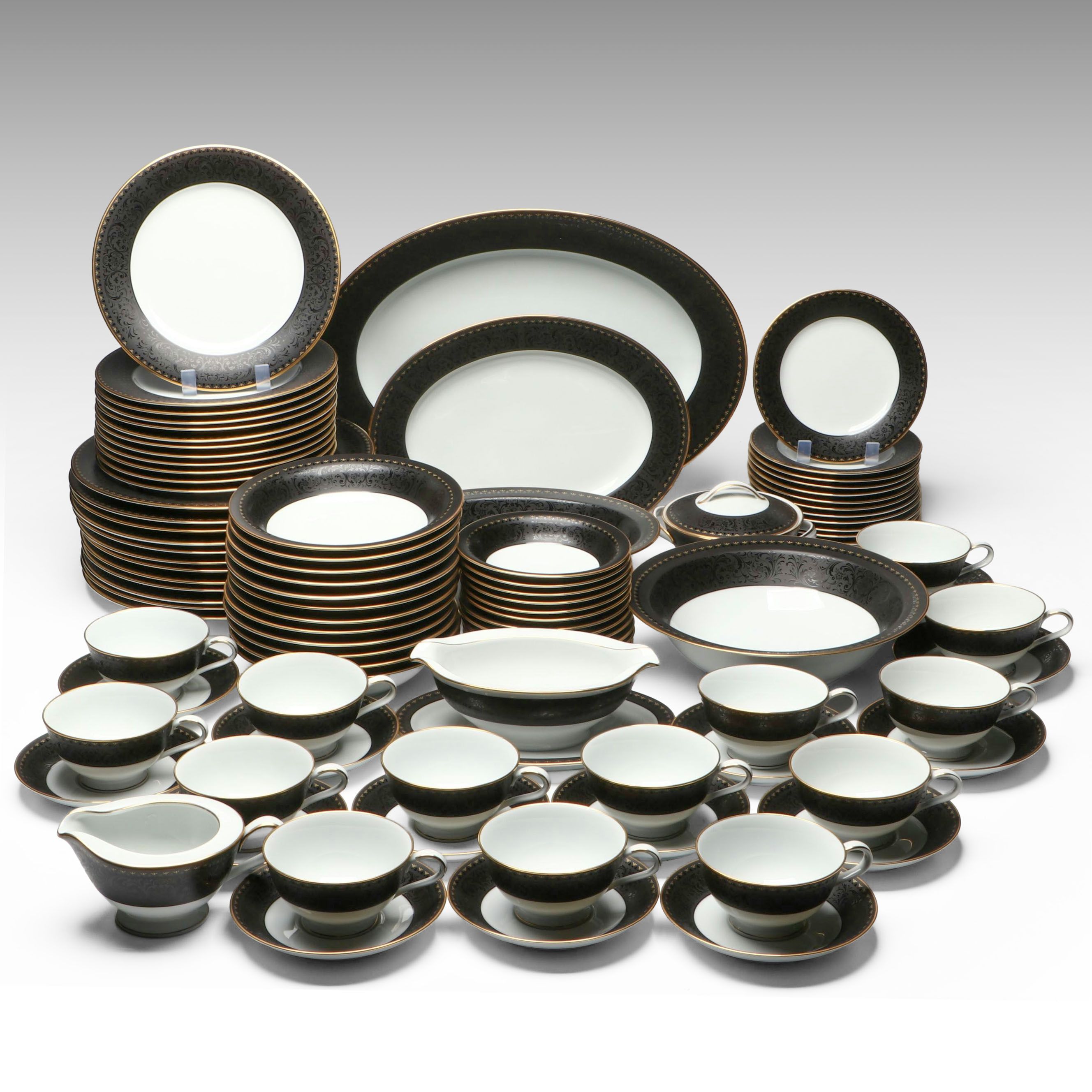 Noritake "Benedicta" Black Jacquard Rimmed Japanese Porcelain Dinnerware