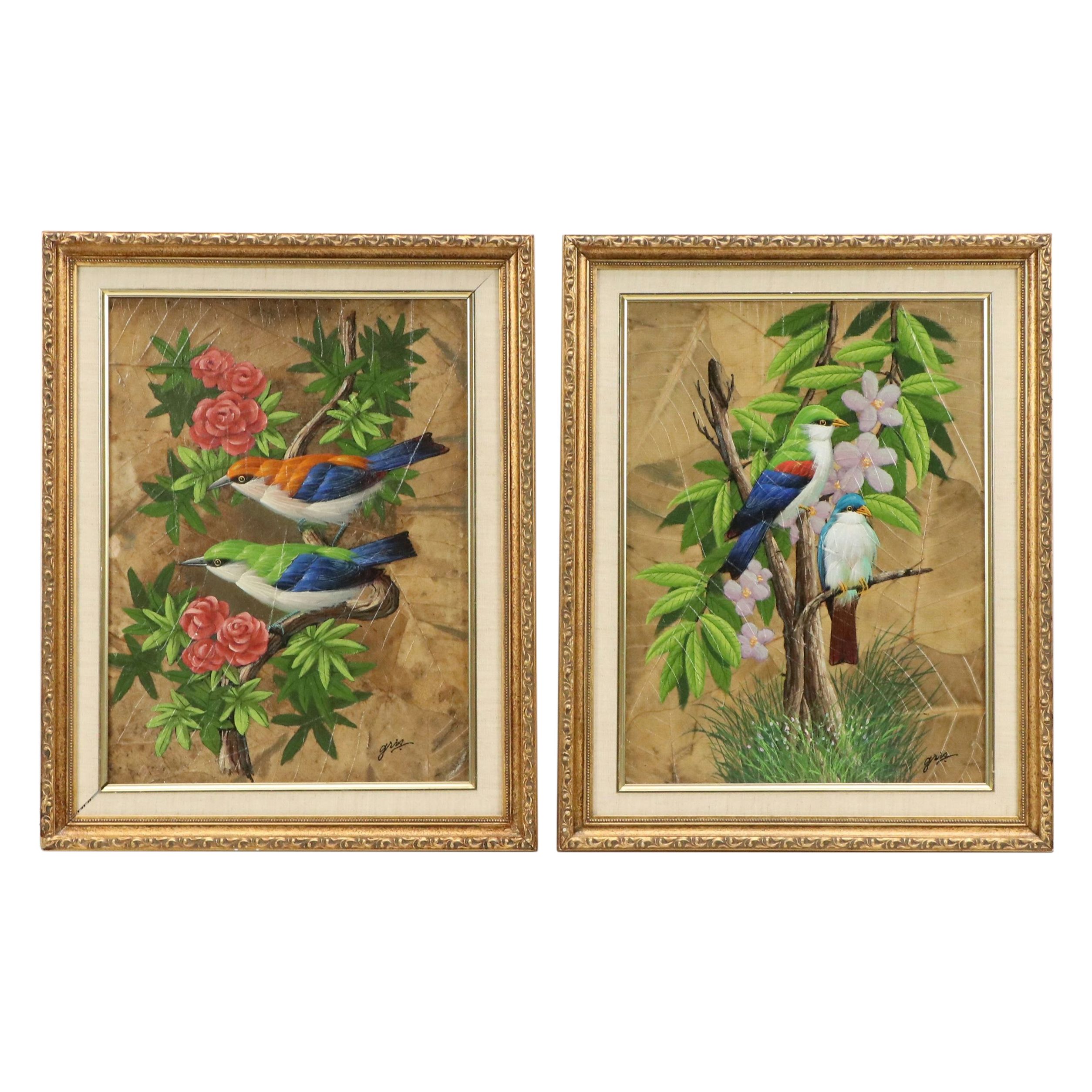 Gris Oil Paintings on Tobacco Leaves of Colorful Birds, Mid to Late 20th Century