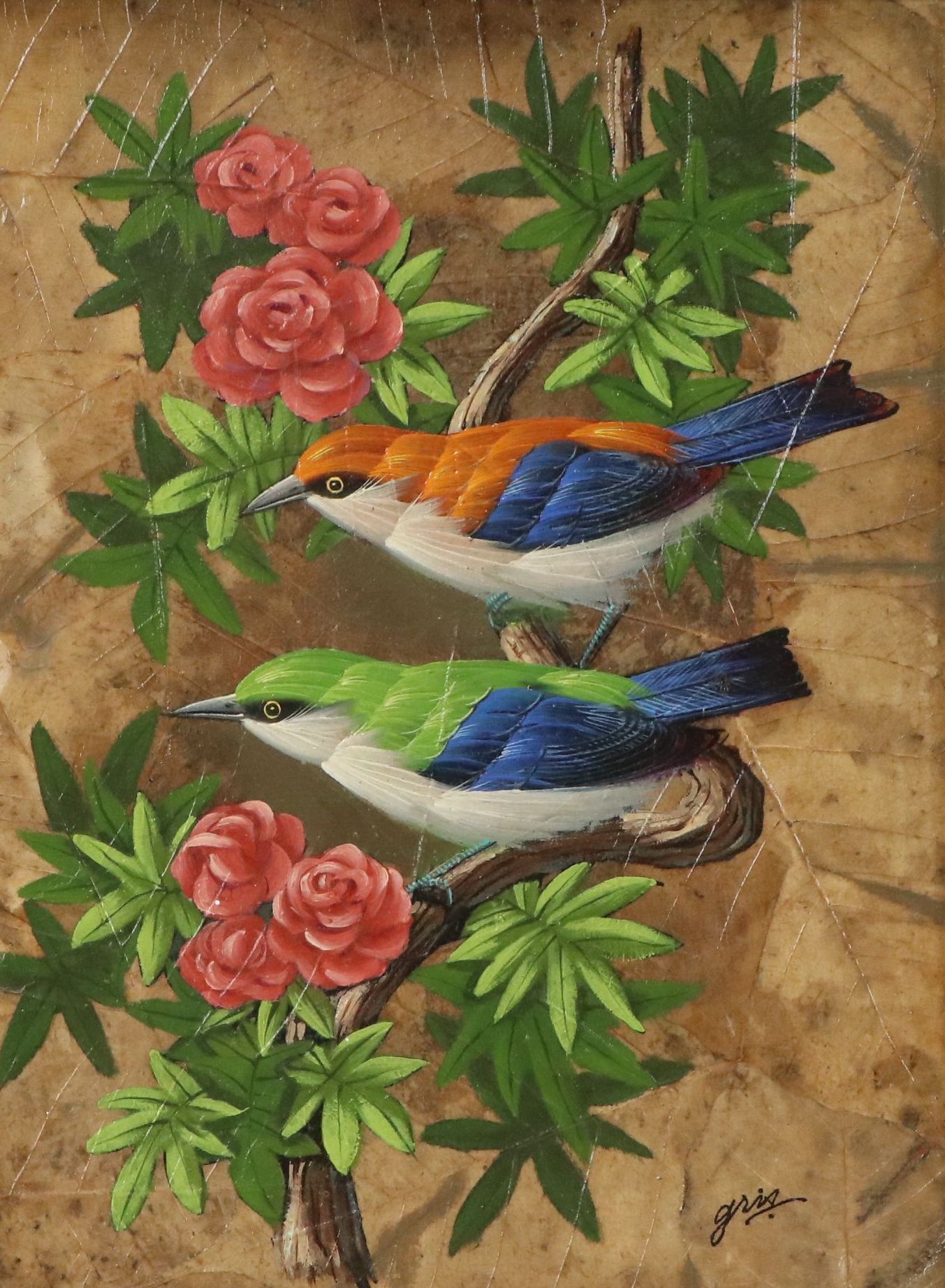 Gris Oil Paintings on Tobacco Leaves of Colorful Birds, Mid to Late 20th Century