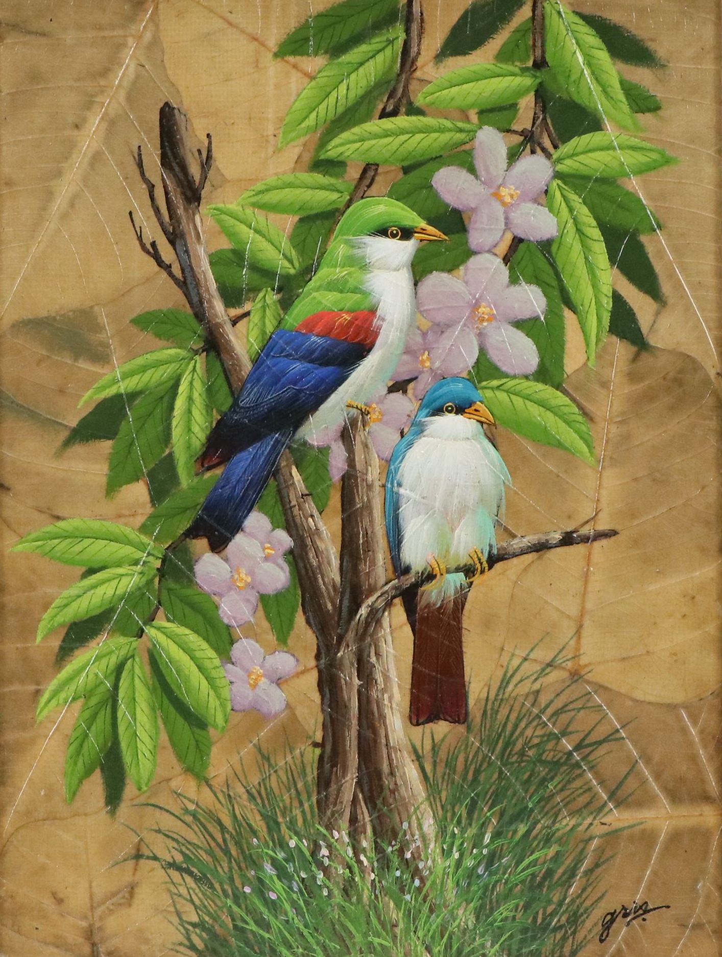 Gris Oil Paintings on Tobacco Leaves of Colorful Birds, Mid to Late 20th Century