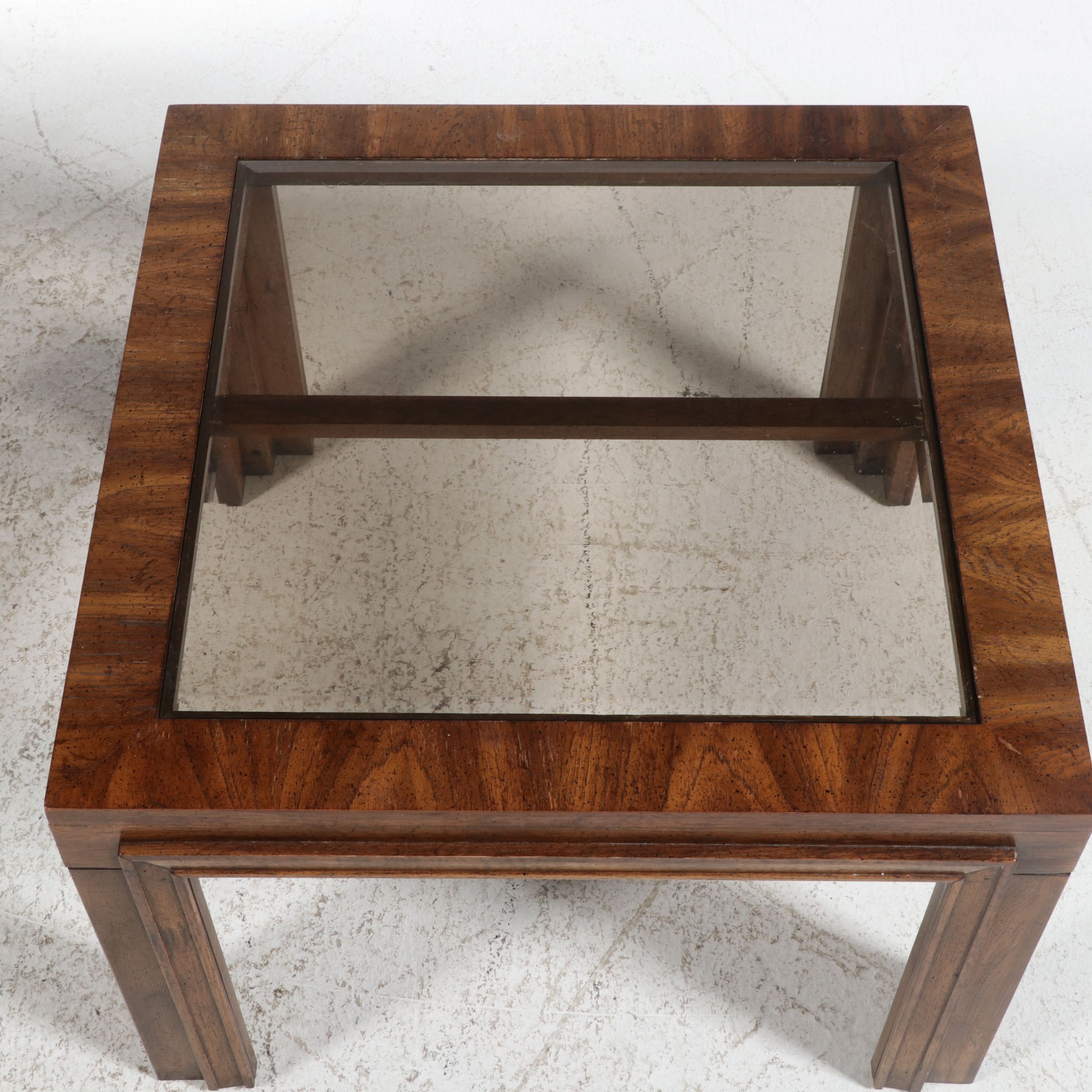 Pair of Mid Century Modern Parsons Style Smoke Glass Top Side Tables